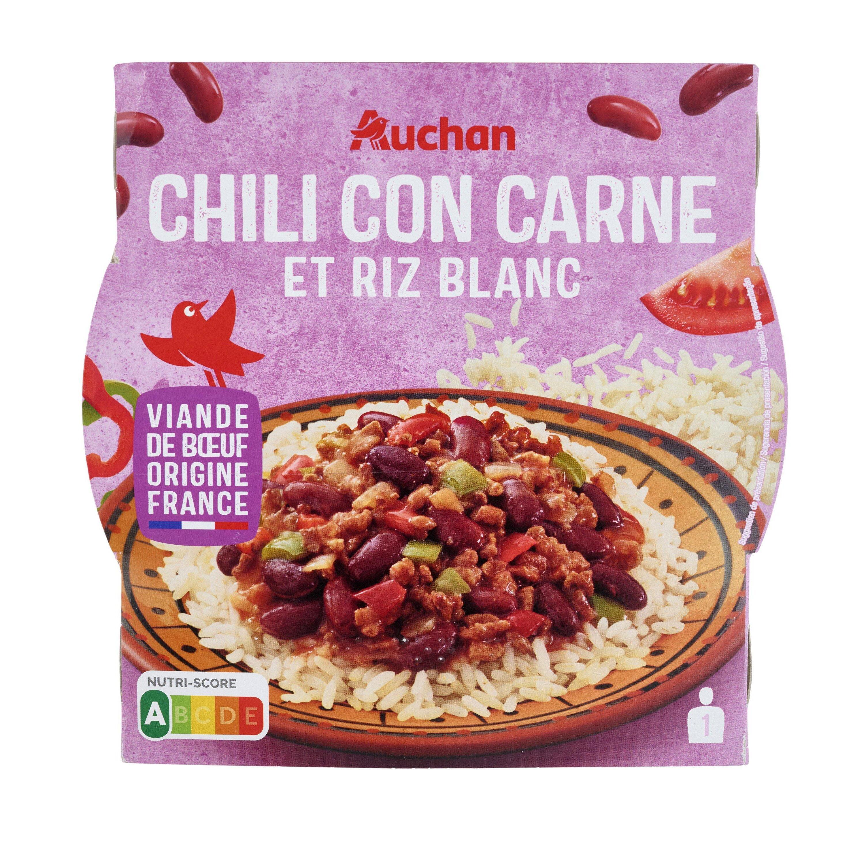 Voir la diapositive 3 : AUCHAN Chili con carne et son riz blanc en barquette 2min au micro-ondes 1 personne 300g