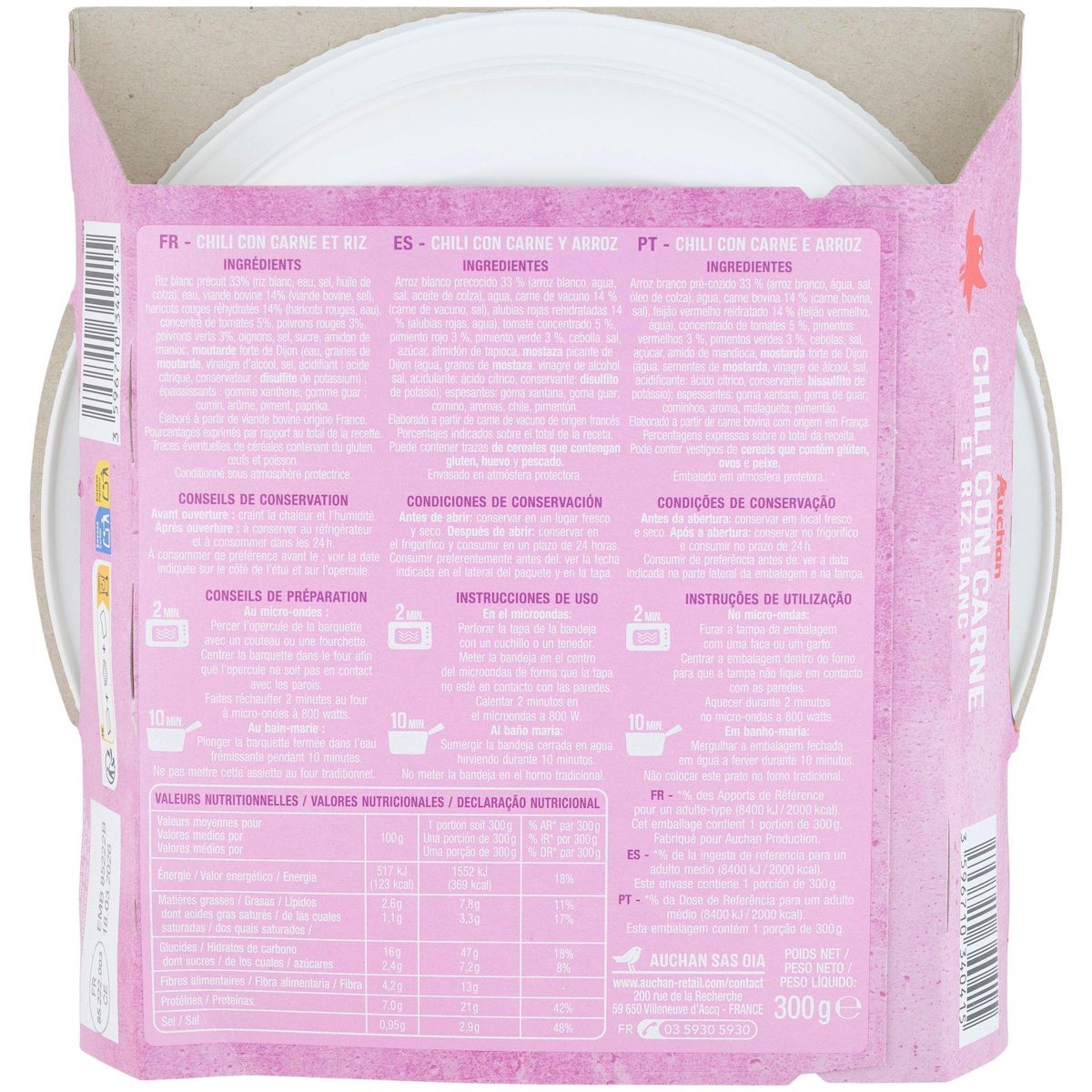 AUCHAN Chili con carne et son riz blanc en barquette 2min au micro-ondes 1 personne 300g