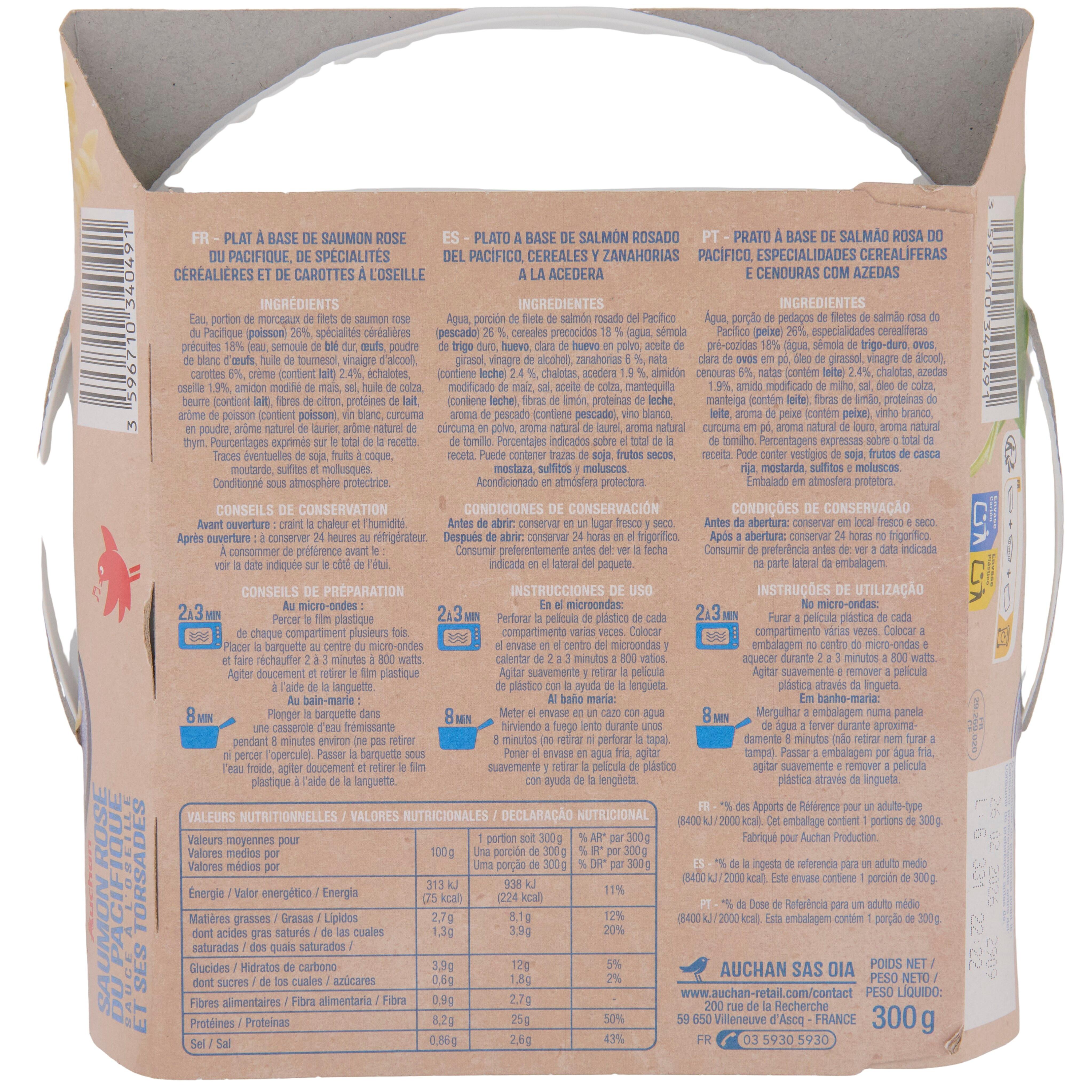 Voir la diapositive 2 : AUCHAN Saumon oseille et pâtes 2min au micro ondes 1 personne 300g