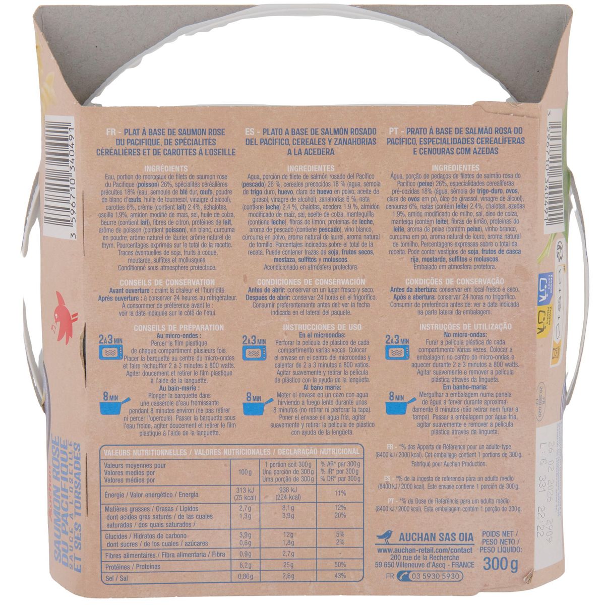 AUCHAN Saumon oseille et pâtes 2min au micro ondes 1 personne 300g