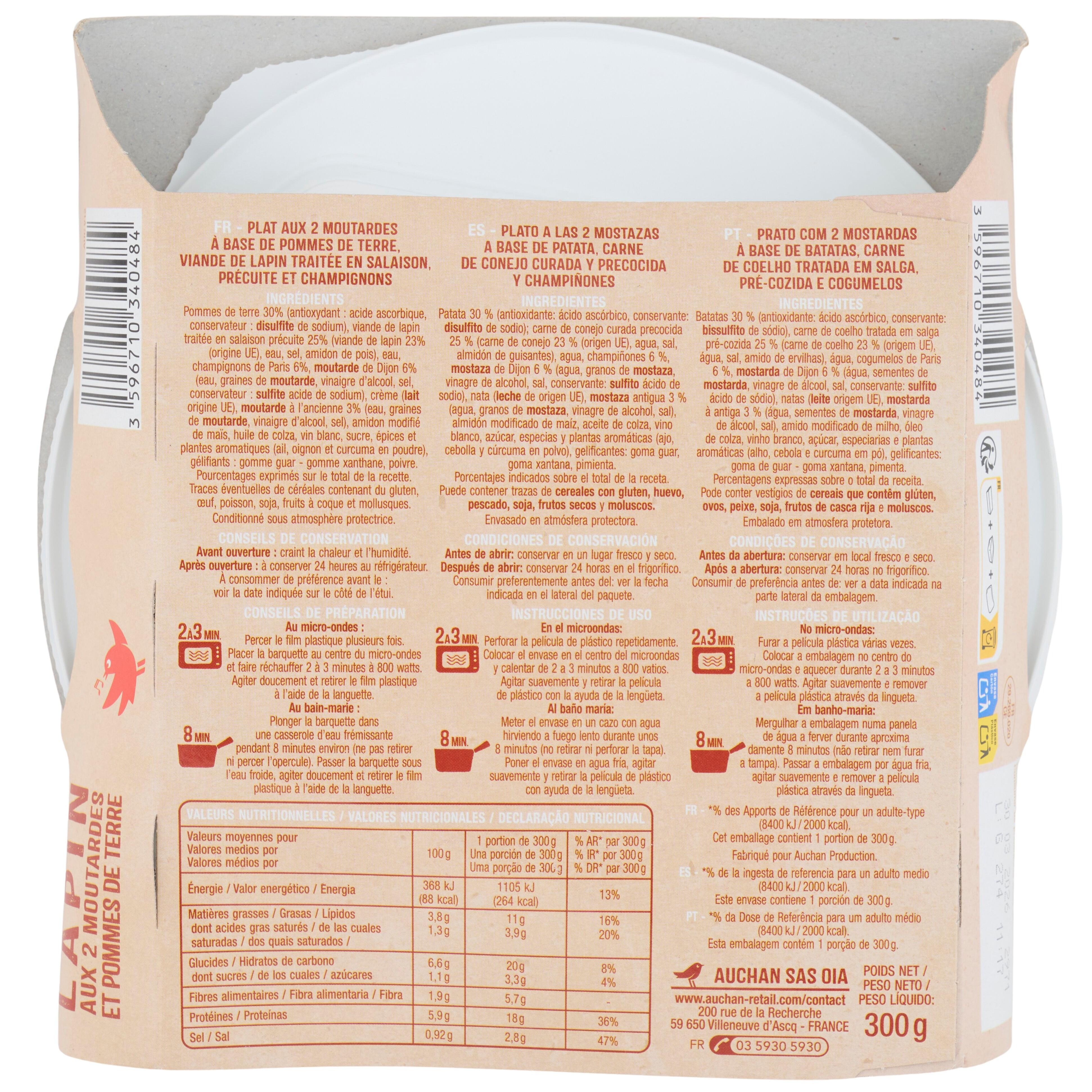 Voir la diapositive 2 : AUCHAN Lapin deux moutardes barquette 1 portion 300g