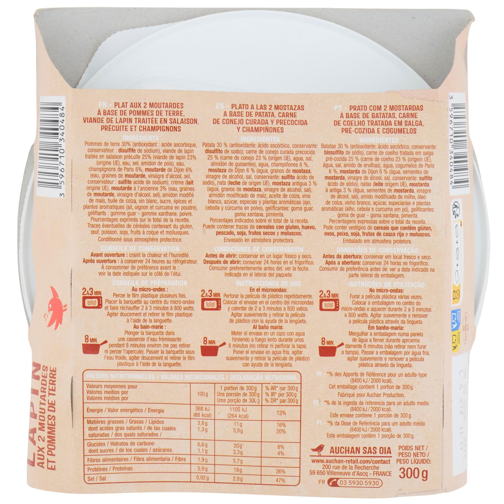 Voir la diapositive 2 : AUCHAN Lapin deux moutardes barquette 300g