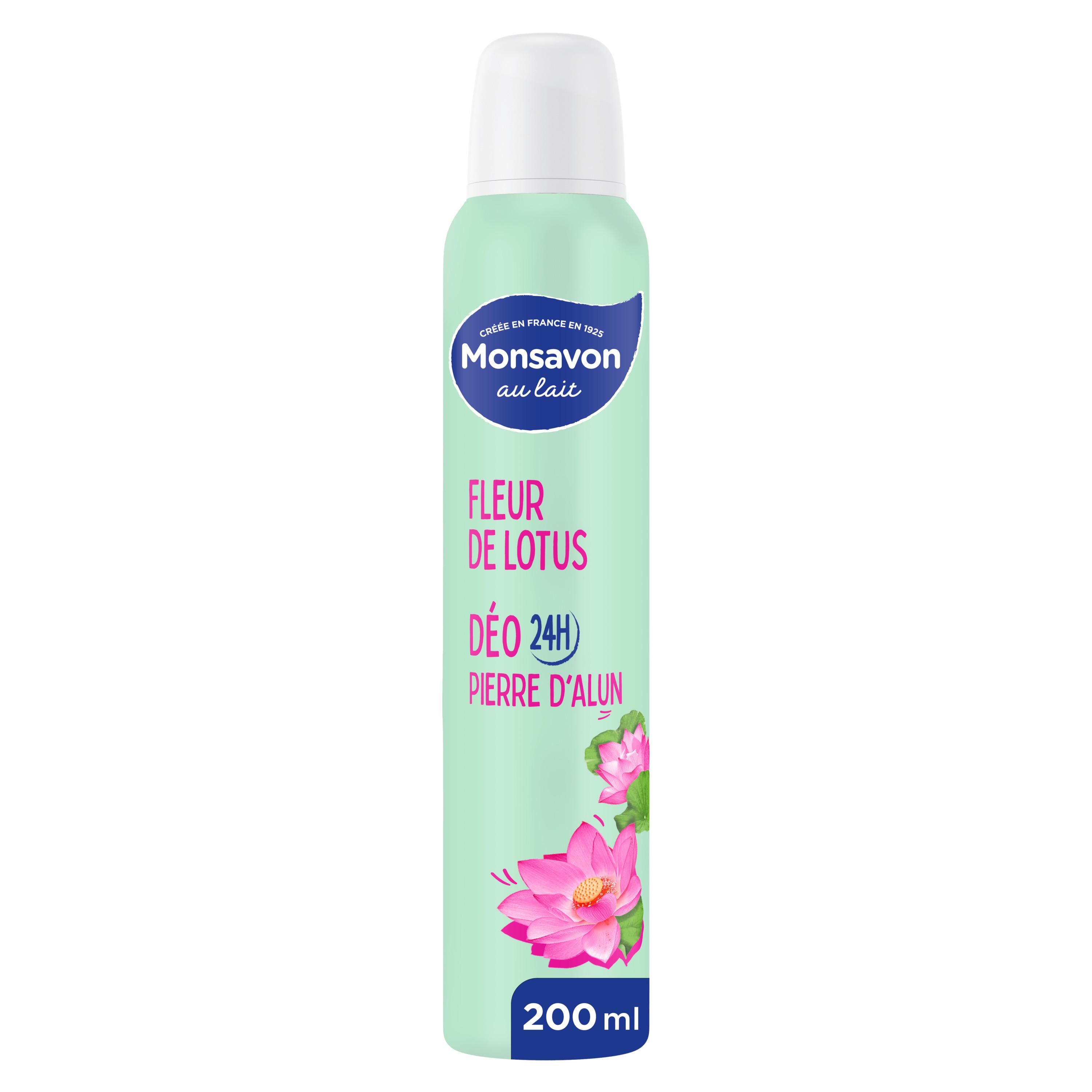 Voir la diapositive 2 : MONSAVON Déodorant spray fleur de lotus très relaxante anti traces anti irritations 200ml