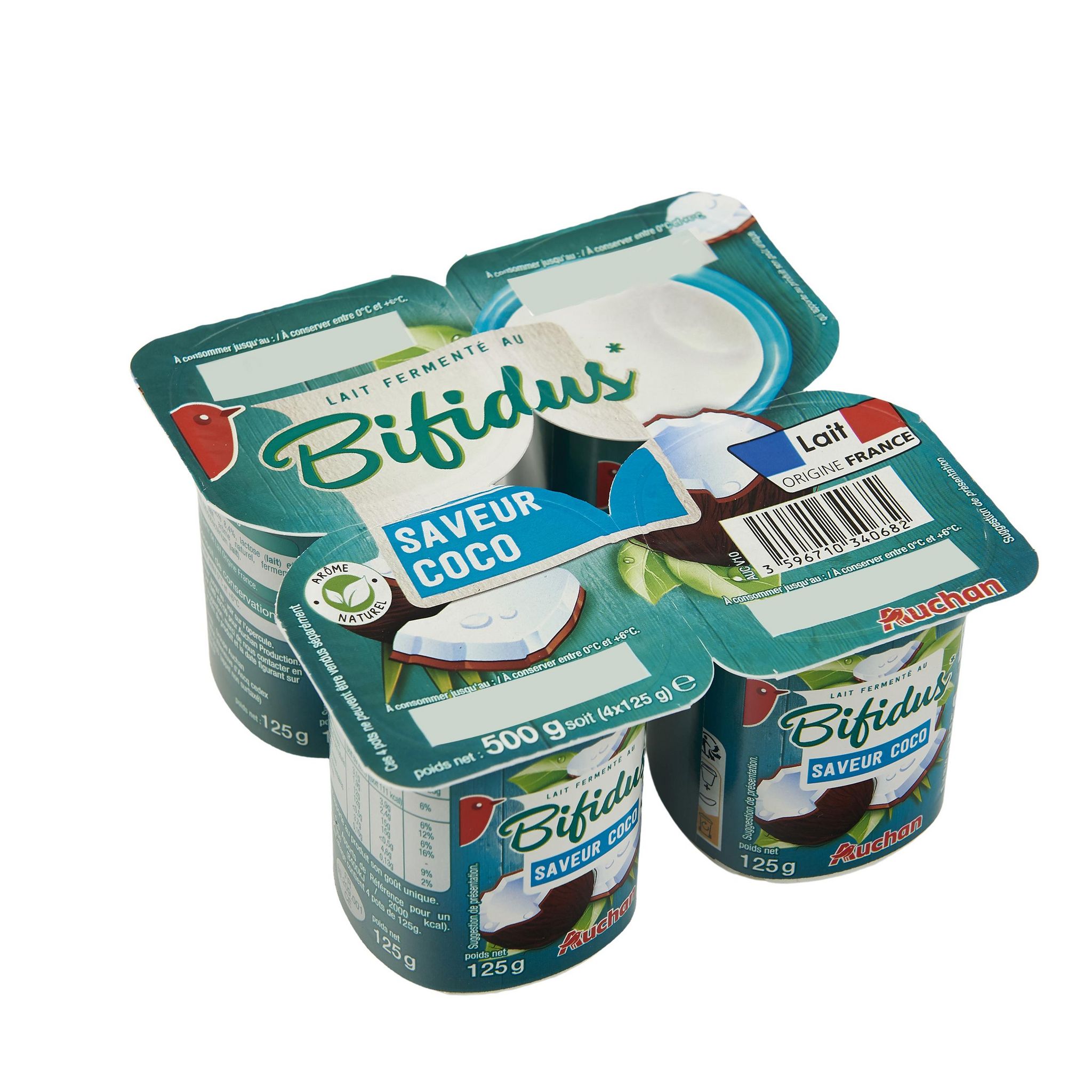 Voir la diapositive 2 : AUCHAN Yaourt au bifidus à la noix de coco 4x125g