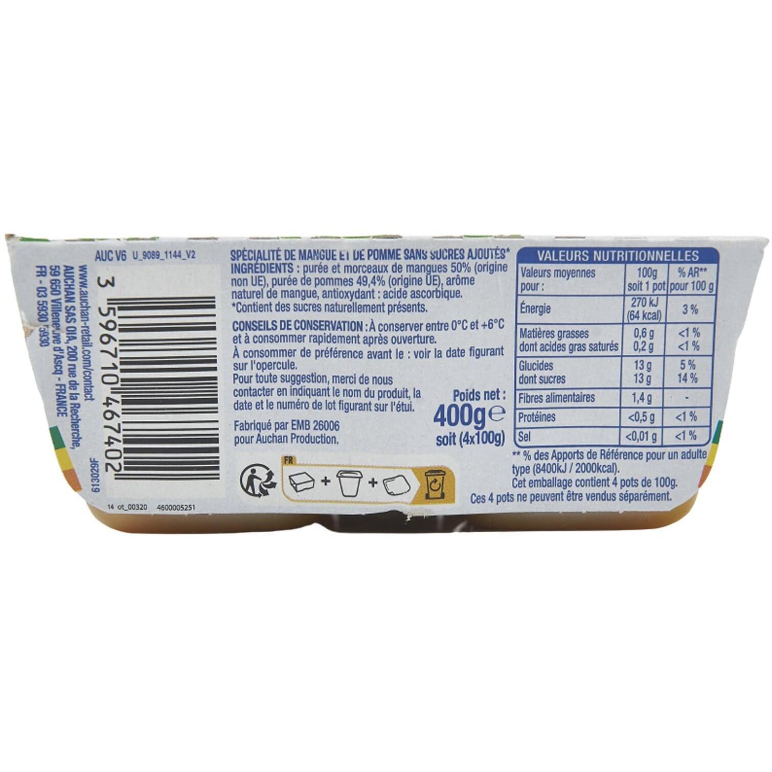 Voir la diapositive 3 : AUCHAN Spécialité pomme mangue sans sucres ajoutés 4x100g