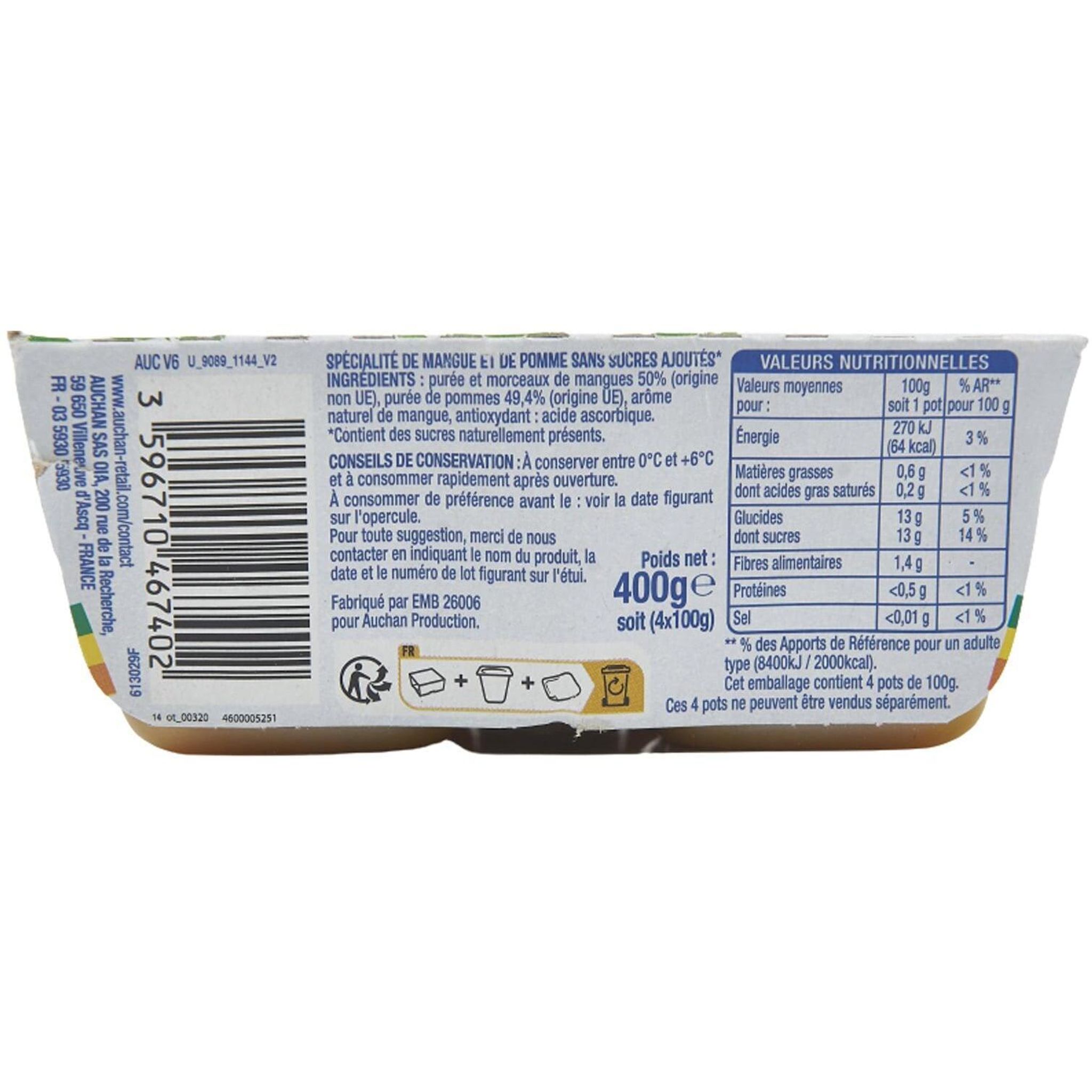 Voir la diapositive 3 : AUCHAN Spécialité pomme mangue sans sucres ajoutés 4x100g
