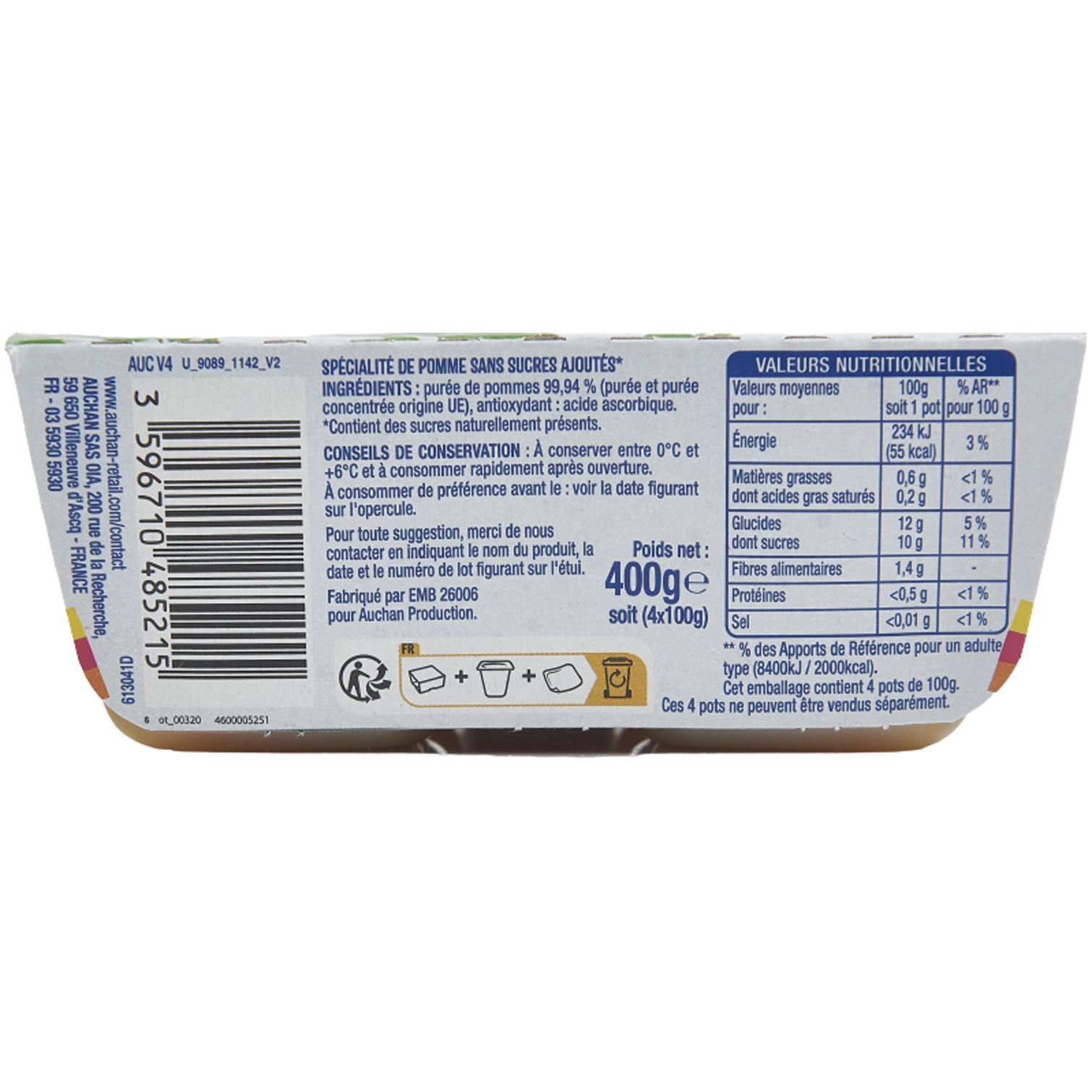 Voir la diapositive 3 : AUCHAN Spécialité pomme sans sucres ajoutés 4x97g