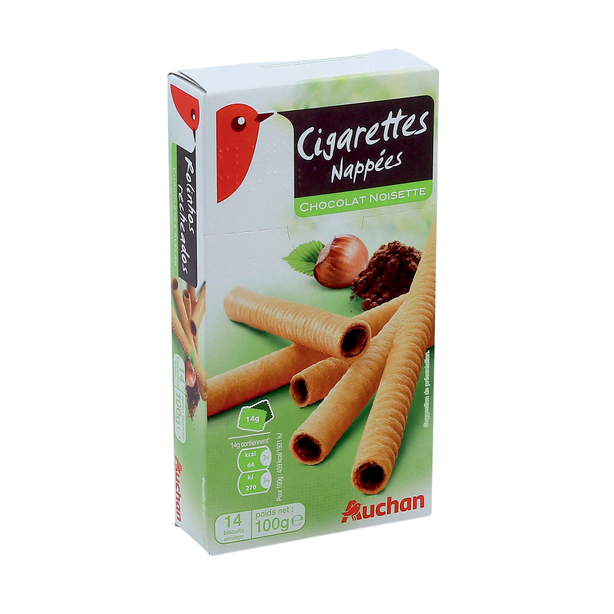 AUCHAN Cigarettes nappées chocolat noisettes environ 14 biscuits 100g