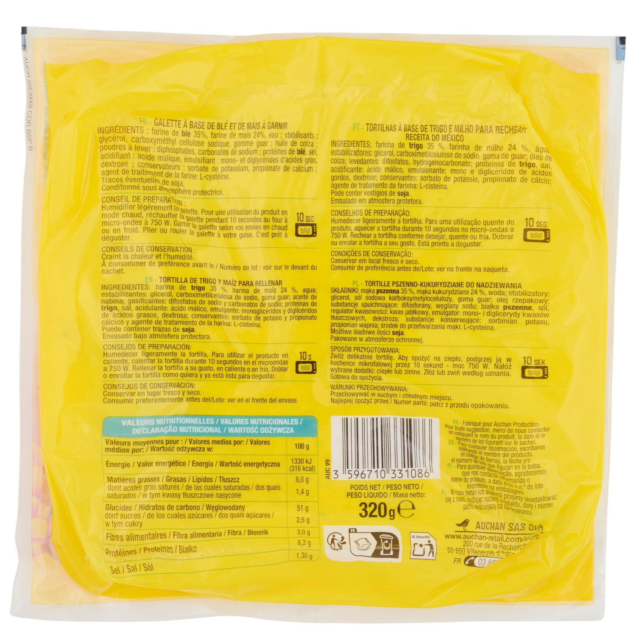 Voir la diapositive 2 : AUCHAN Tortillas de blé et maïs 8 tortillas 320g