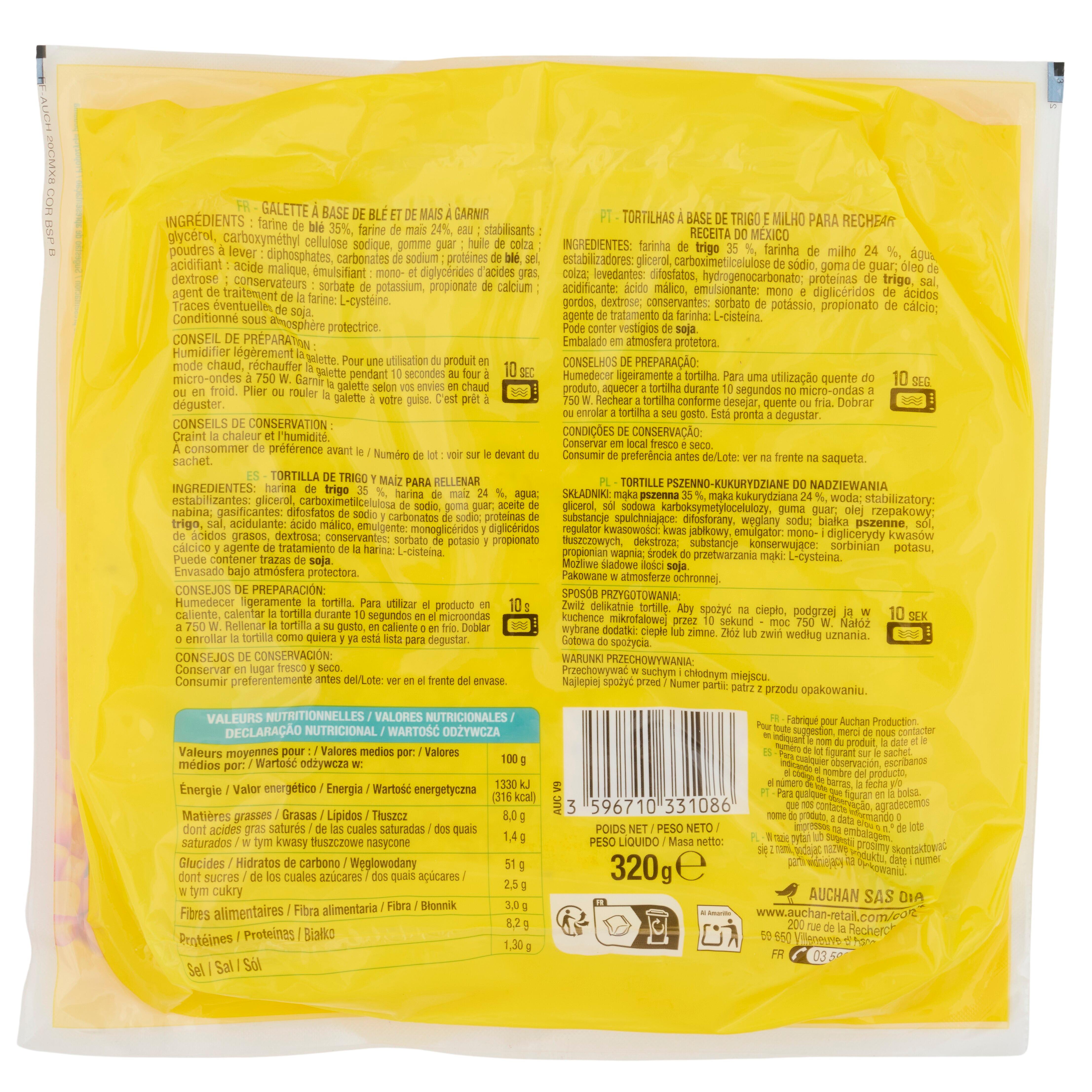 Voir la diapositive 3 : AUCHAN Tortillas de blé et maïs 8 tortillas 320g
