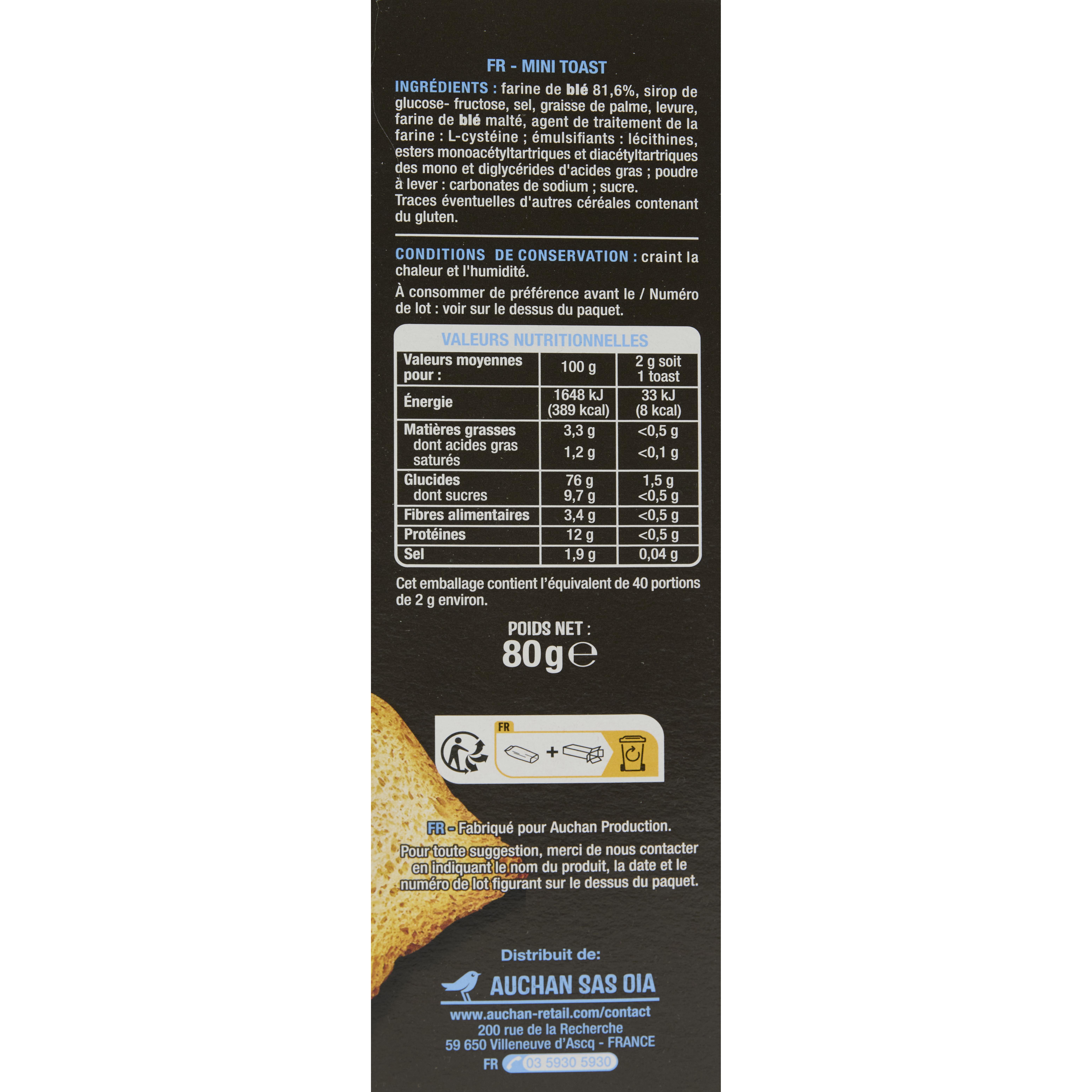Voir la diapositive 2 : AUCHAN Mini toasts nature environ 40 pièces 80g