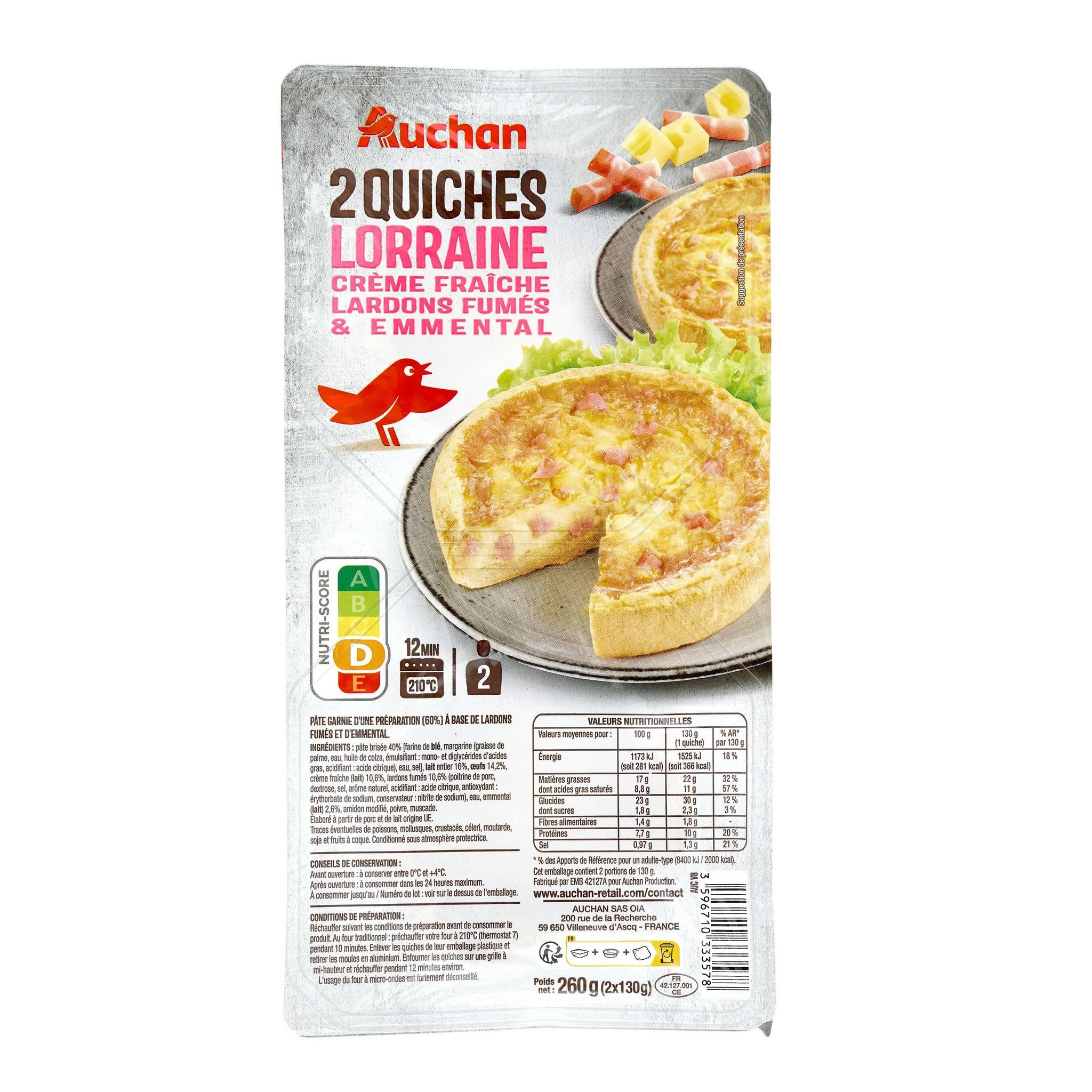 Voir la diapositive 3 : AUCHAN Quiche Lorraine aux lardons fumés et emmental 2 pièces 260g