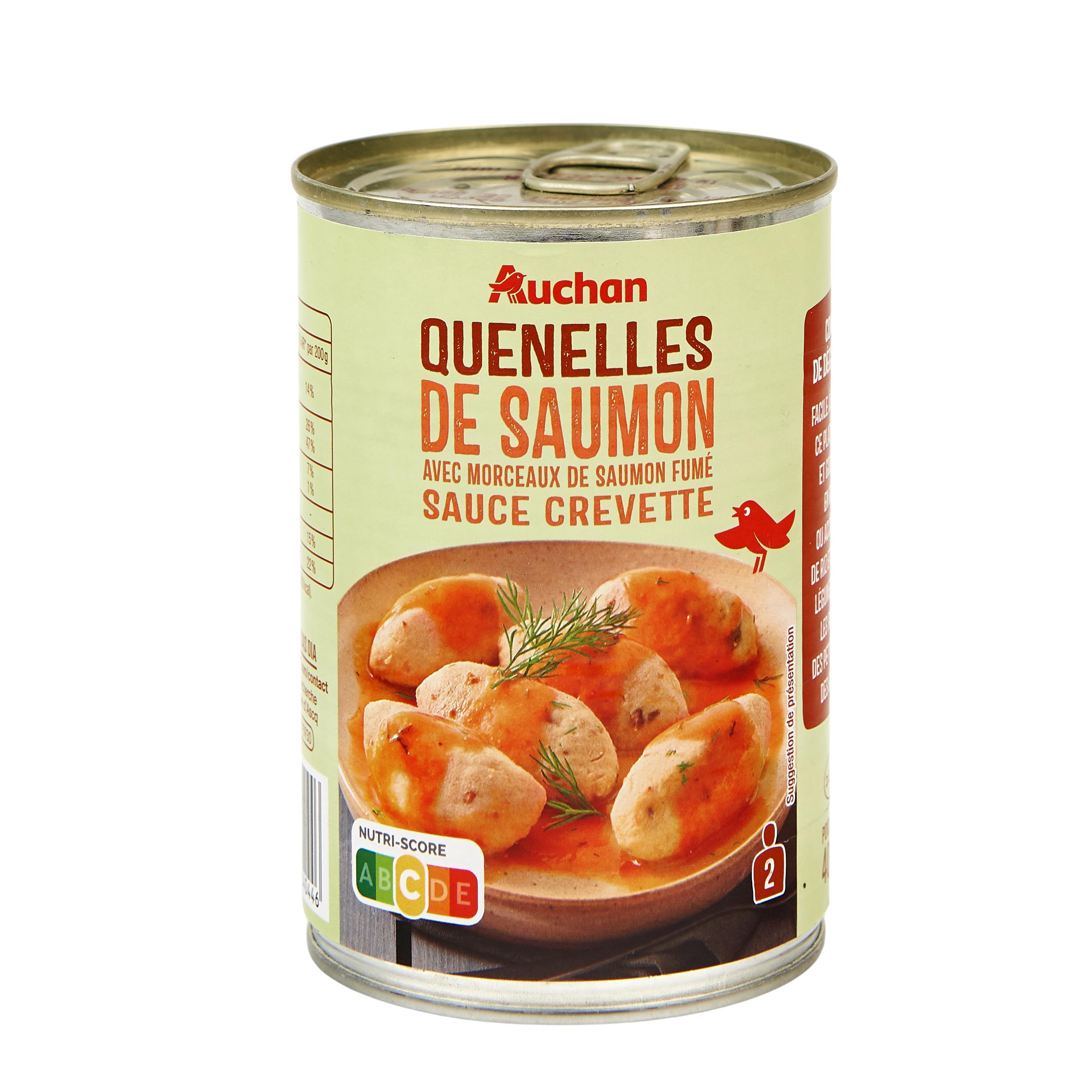 Voir la diapositive 2 : AUCHAN Quenelles de saumon sauce crevette avec morceaux de saumon fumé 2 portions 400g