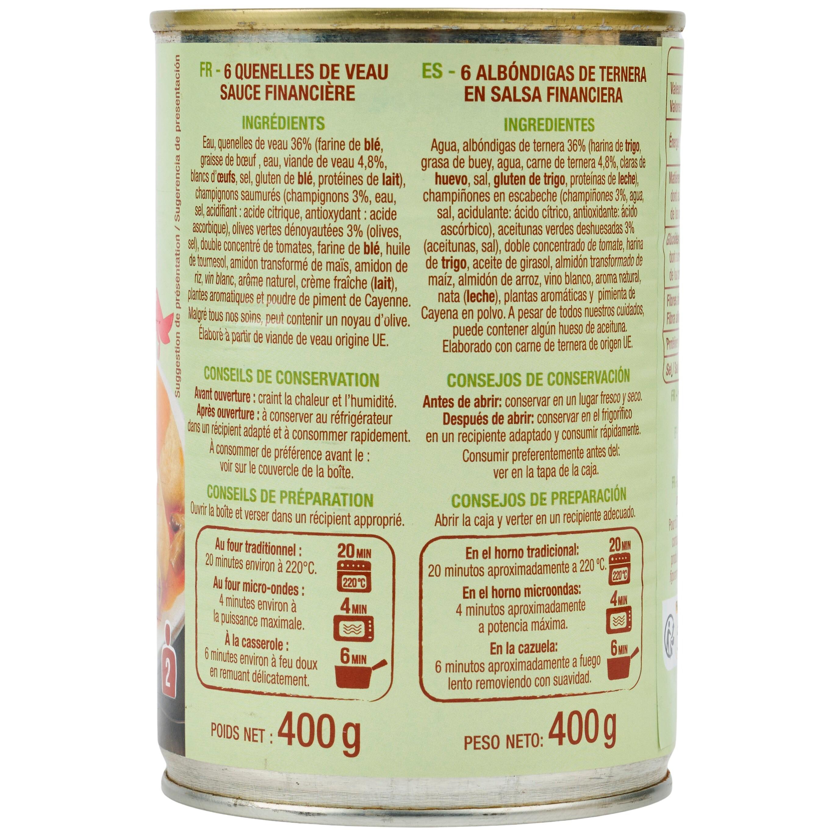 Voir la diapositive 3 : AUCHAN Quenelles de veau sauce financière 2 portions 400g