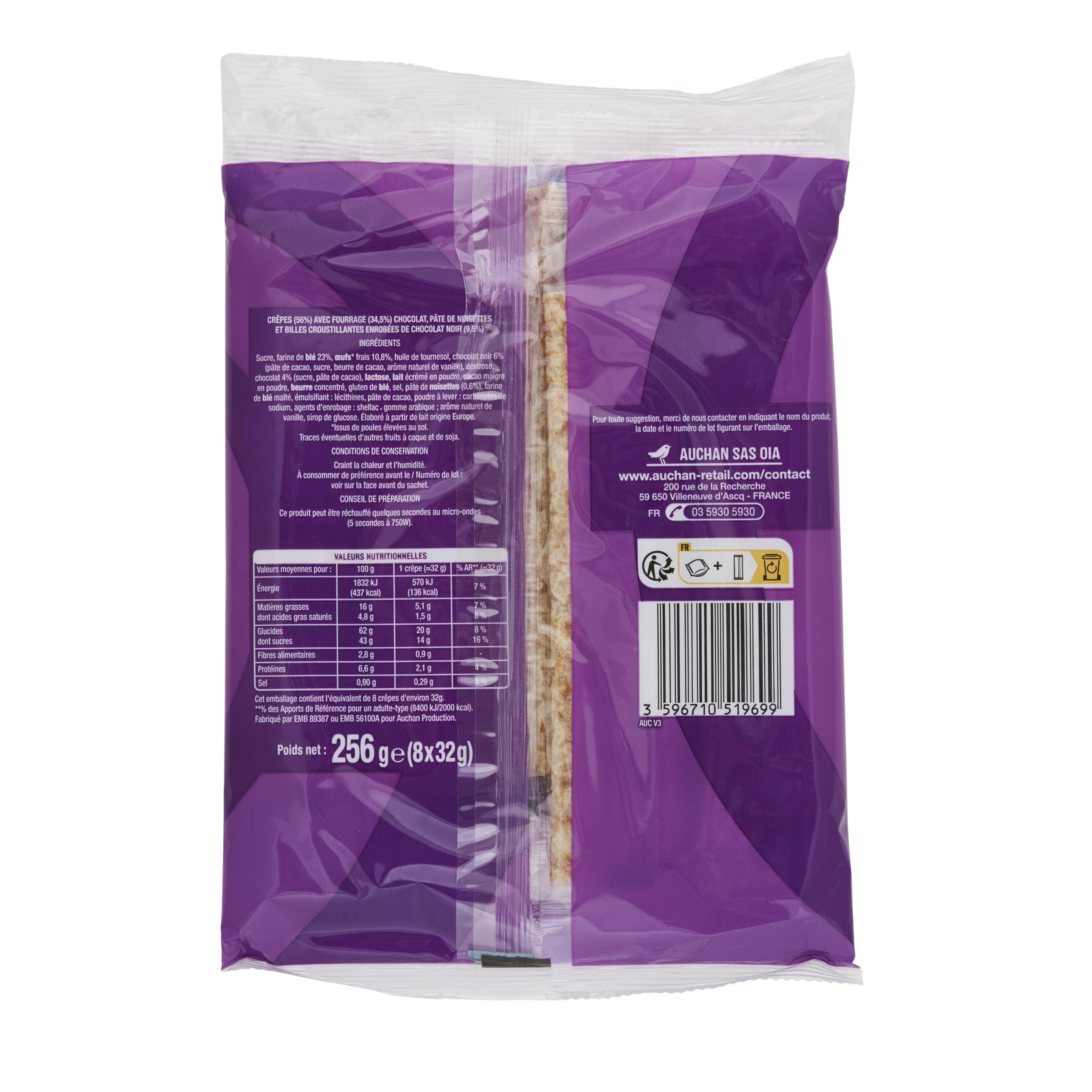 Voir la diapositive 2 : AUCHAN Crêpes fourrées chocolat et billes de céréales sachets individuels 8 crêpes 256g