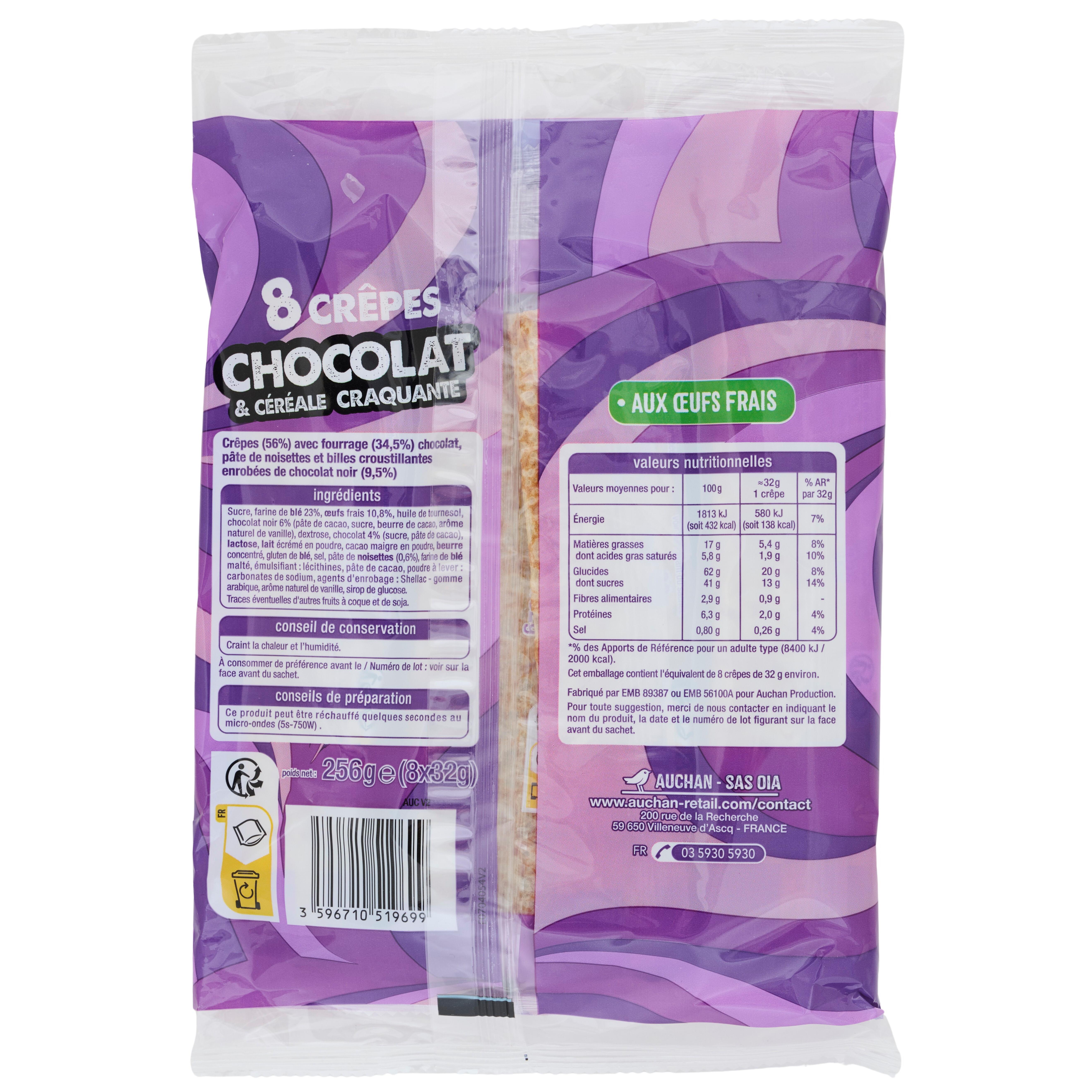 Voir la diapositive 3 : AUCHAN Crêpes fourrées chocolat et billes de céréales sachets individuels 8 crêpes 256g