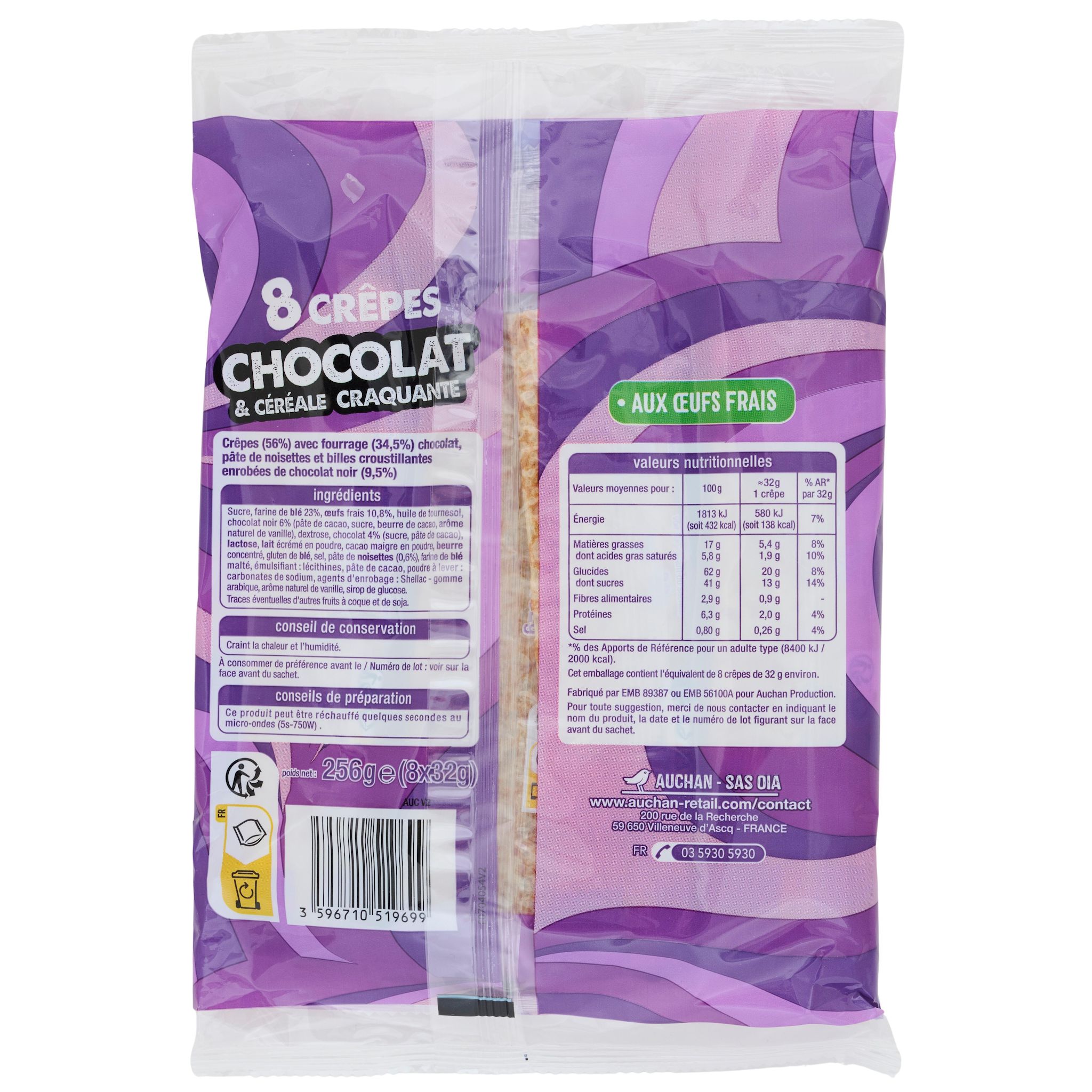 Voir la diapositive 3 : AUCHAN Crêpes fourrées chocolat et billes de céréales sachets individuels 8 crêpes 256g