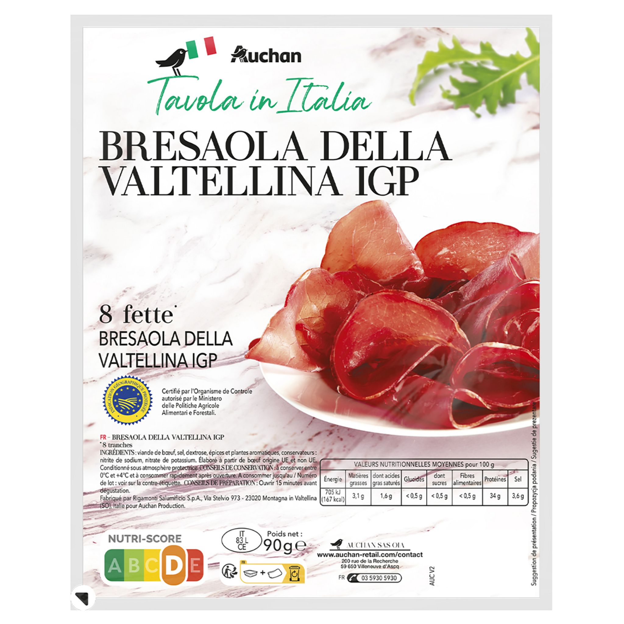 AUCHAN Bresaola Viande de bœuf séchée de Valteline IGP 8 tranches 90g