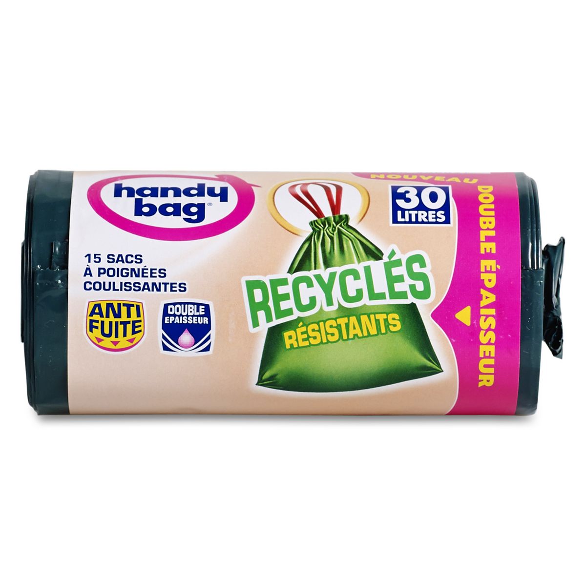 HANDY BAG Sacs poubelle recyclés double épaisseur liens coulissants 30l 15 sacs