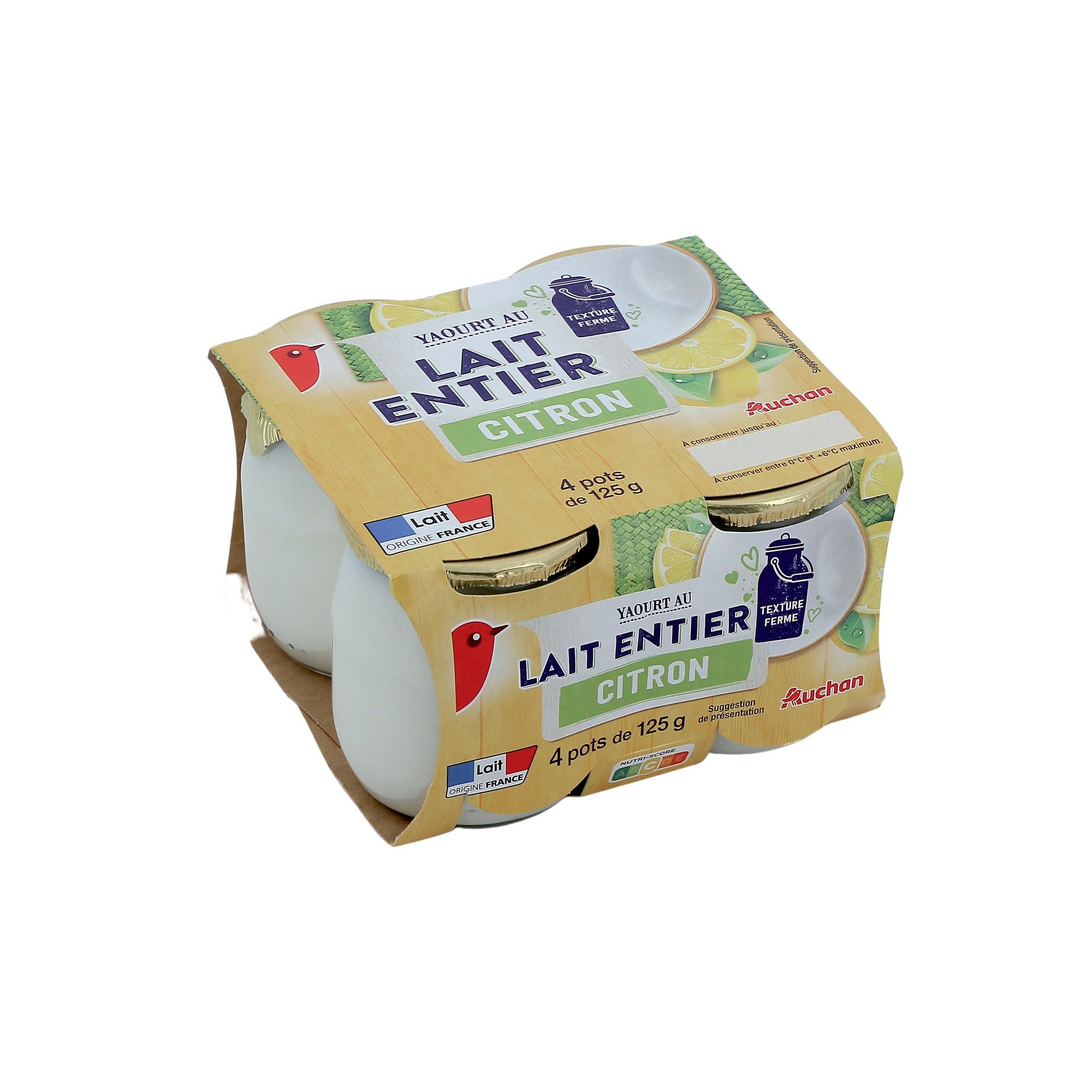 Voir la diapositive 2 : AUCHAN Yaourt au lait entier brassé au citron 4x125g