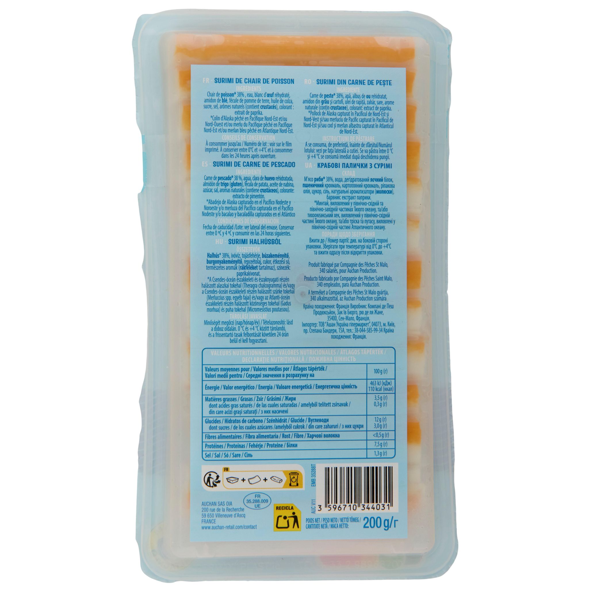 Voir la diapositive 2 : AUCHAN Bâtonnets de surimi saveur crabe 12 pièces 200g