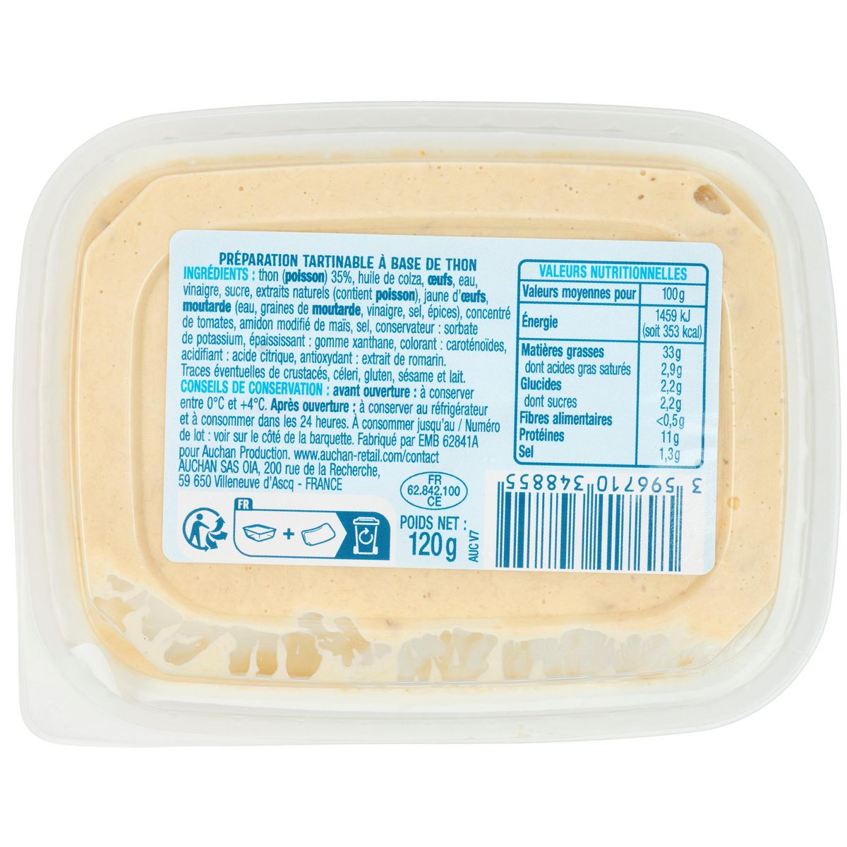 AUCHAN Tartinable au thon spécial sandwich 4 parts 120g