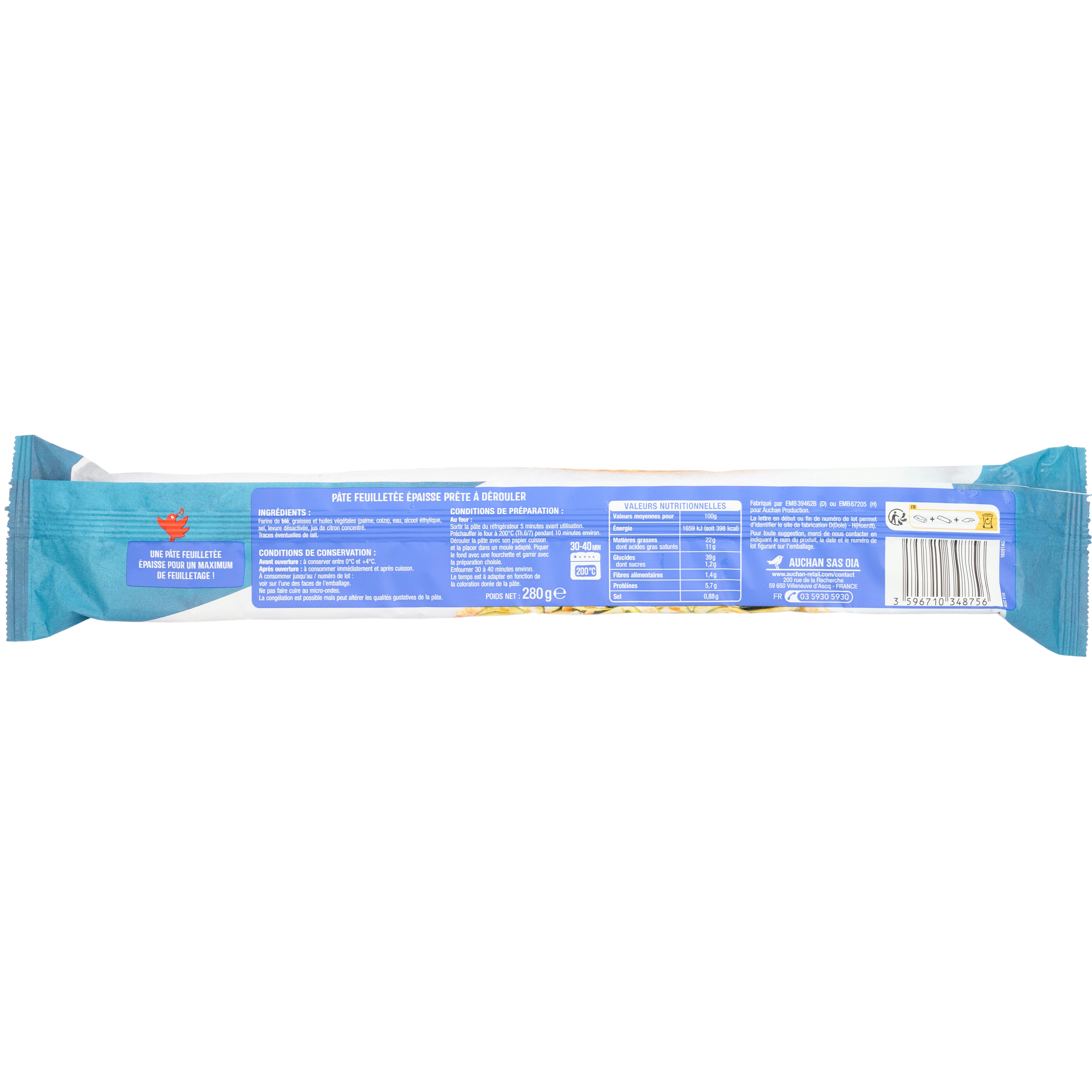 Voir la diapositive 2 : AUCHAN Pâte feuilletée épaisse 280g