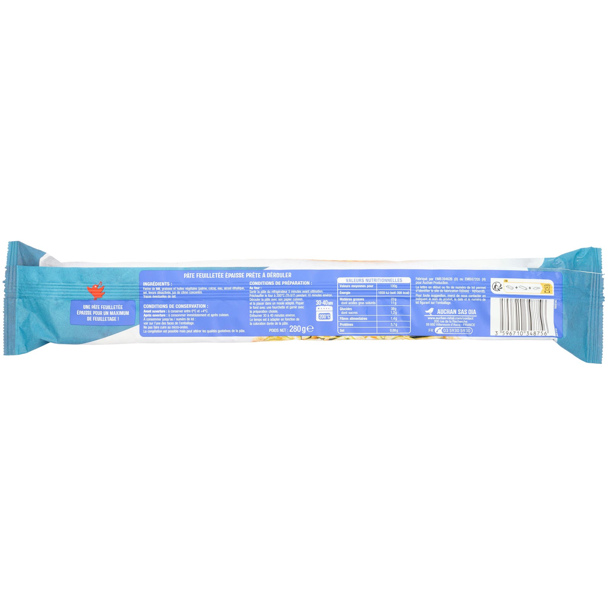 Voir la diapositive 2 : AUCHAN Pâte feuilletée épaisse 280g