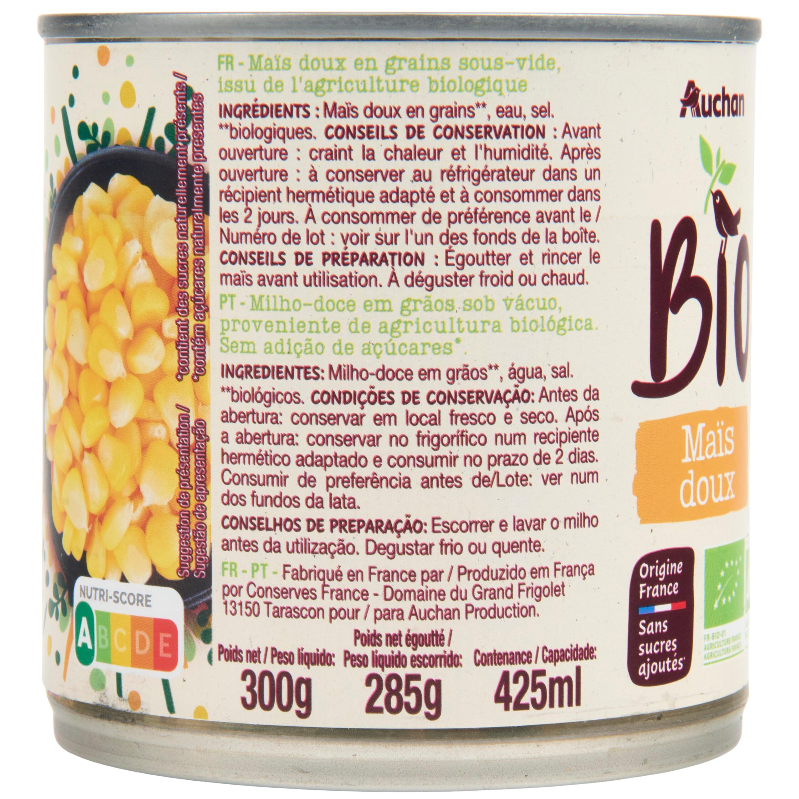 Voir la diapositive 2 : AUCHAN BIO Mais doux en grains sans sucres ajoutés 285g