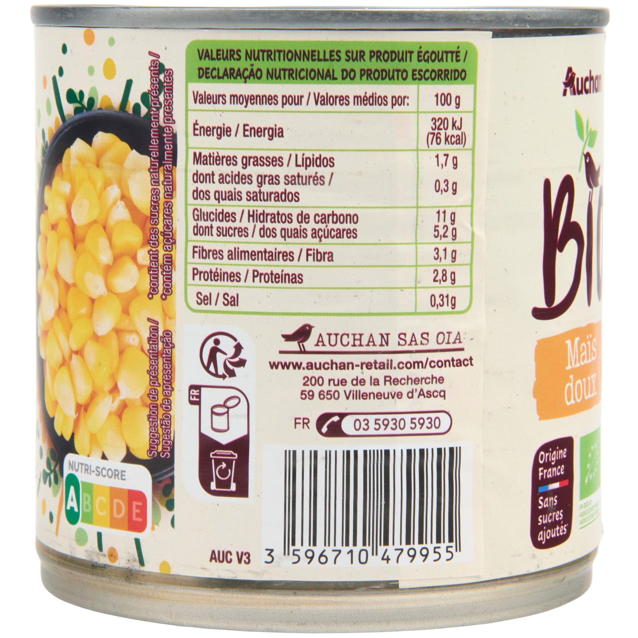Voir la diapositive 3 : AUCHAN BIO Mais doux en grains sans sucres ajoutés 285g