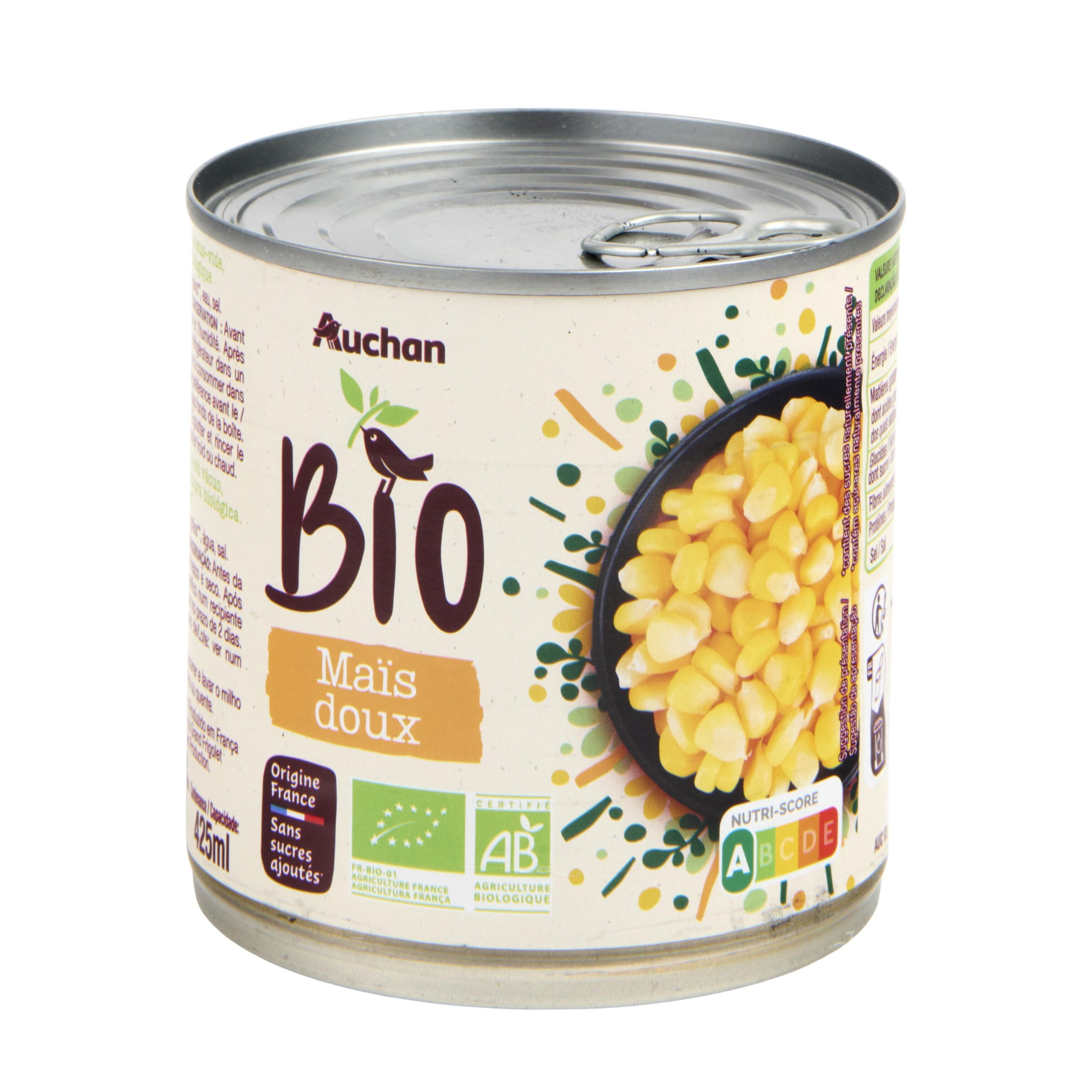 Voir la diapositive 4 : AUCHAN BIO Mais doux en grains sans sucres ajoutés 285g
