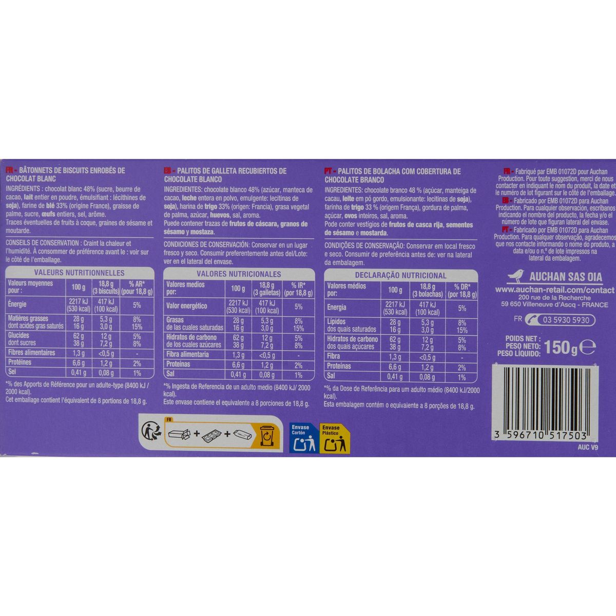 AUCHAN Bâtonnets nappés de chocolat blanc 24 biscuits 150g