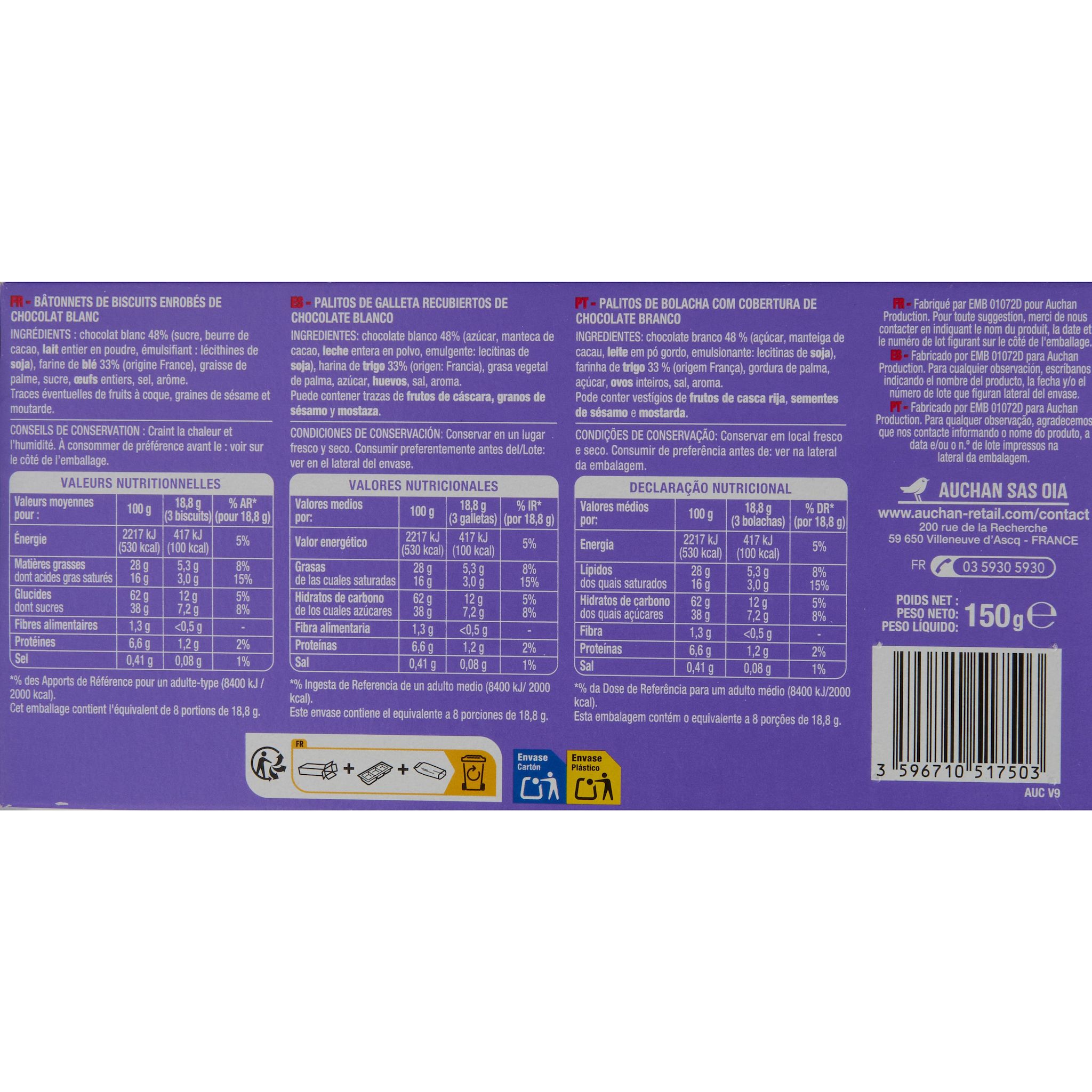 Voir la diapositive 2 : AUCHAN Bâtonnets nappés de chocolat blanc 24 biscuits 150g