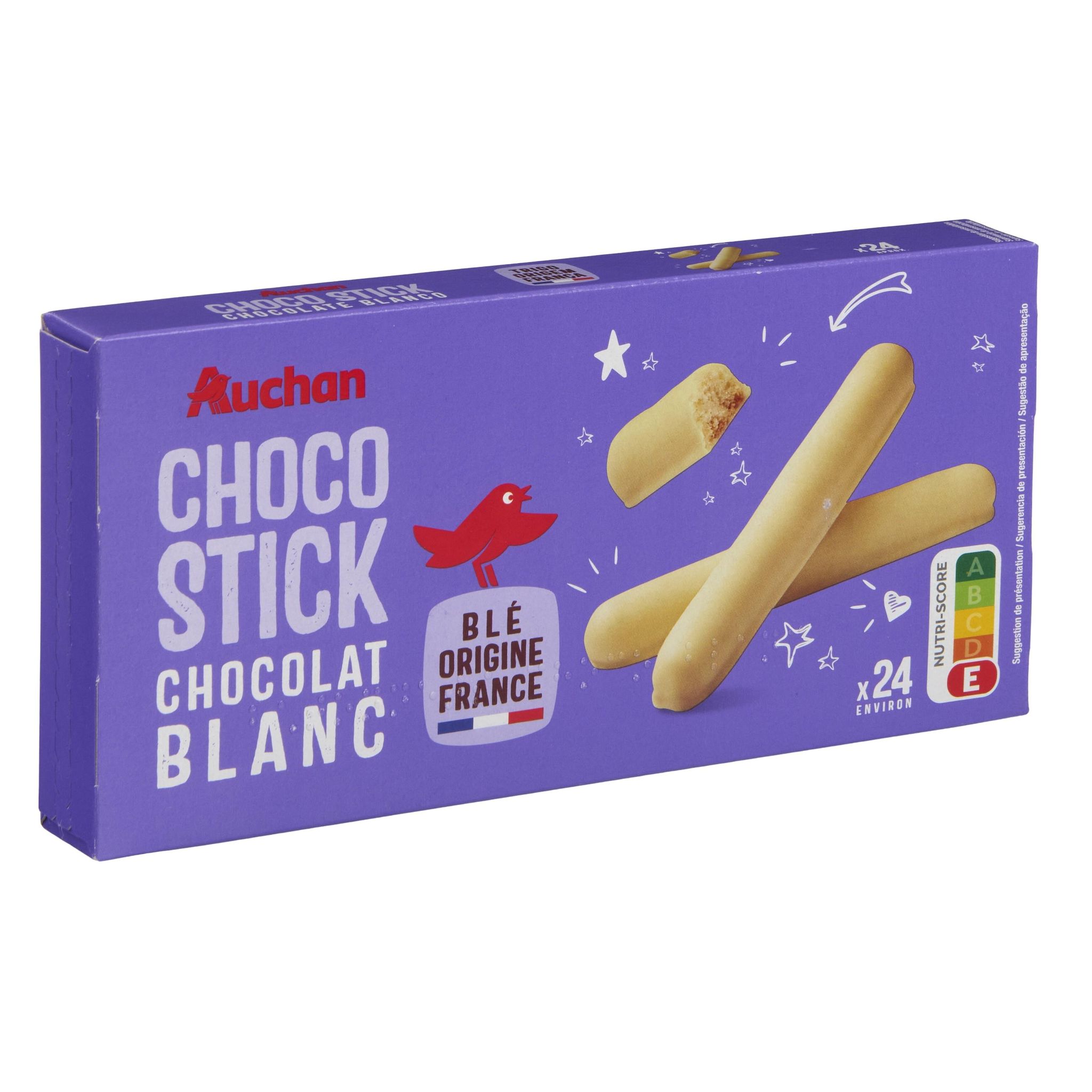 Voir la diapositive 3 : AUCHAN Bâtonnets nappés de chocolat blanc 24 biscuits 150g
