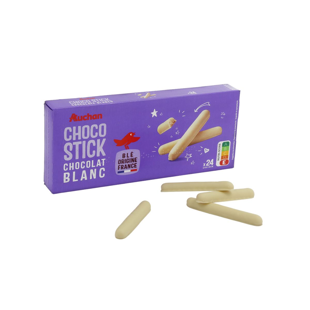 AUCHAN Bâtonnets nappés de chocolat blanc 24 biscuits 150g