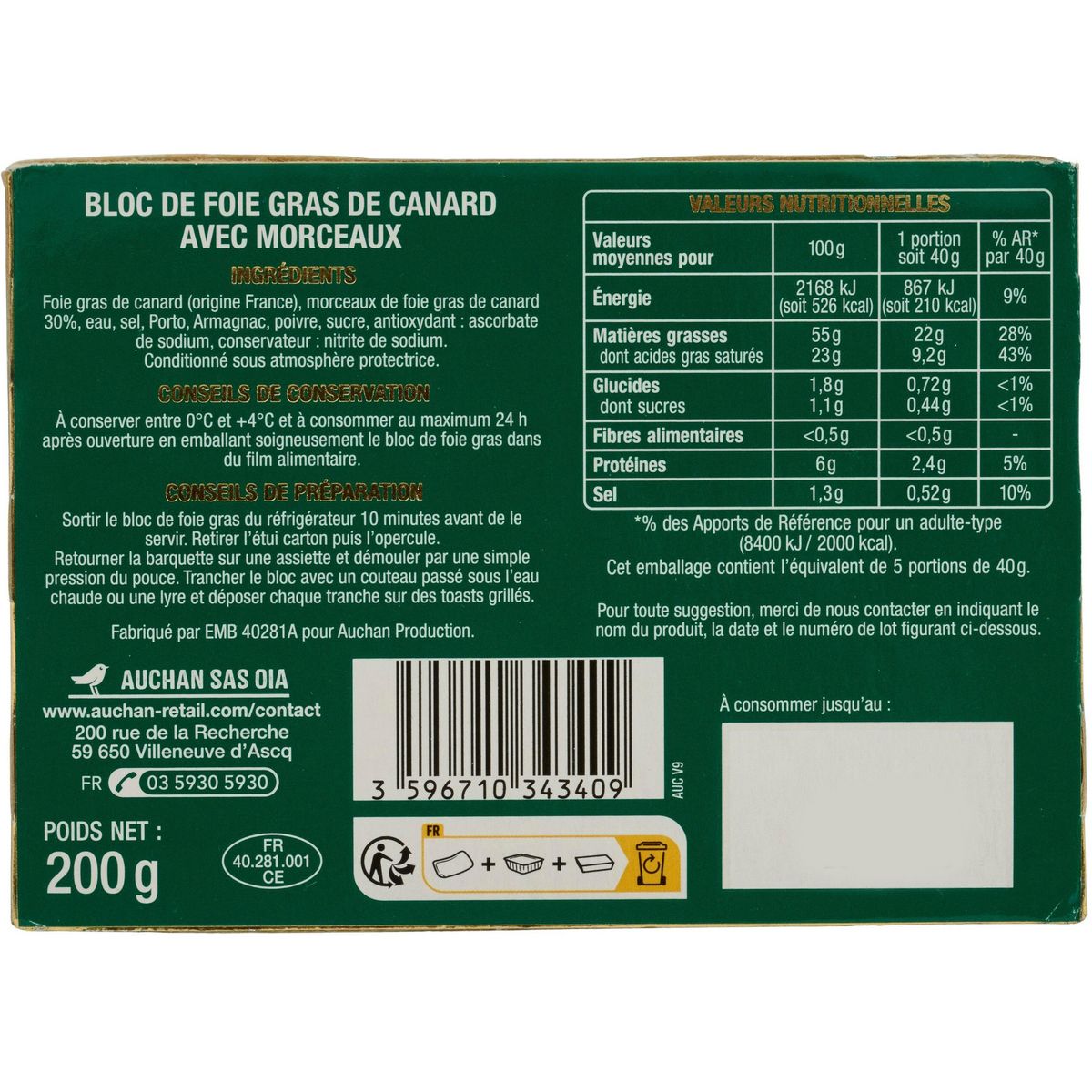 AUCHAN Bloc de foie gras de canard avec morceaux 5 parts 200g