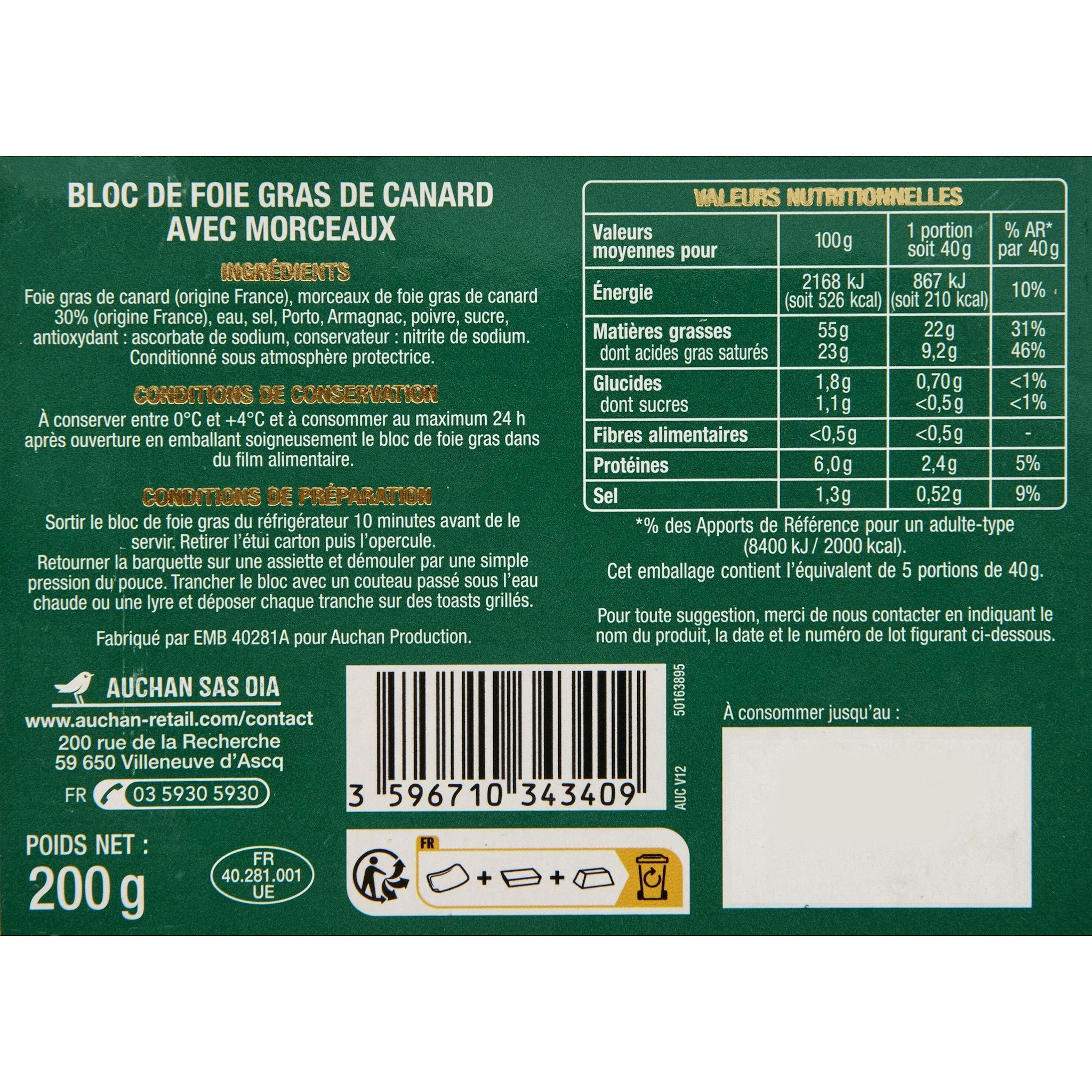Voir la diapositive 2 : AUCHAN Bloc de foie gras de canard avec morceaux 5 parts 200g