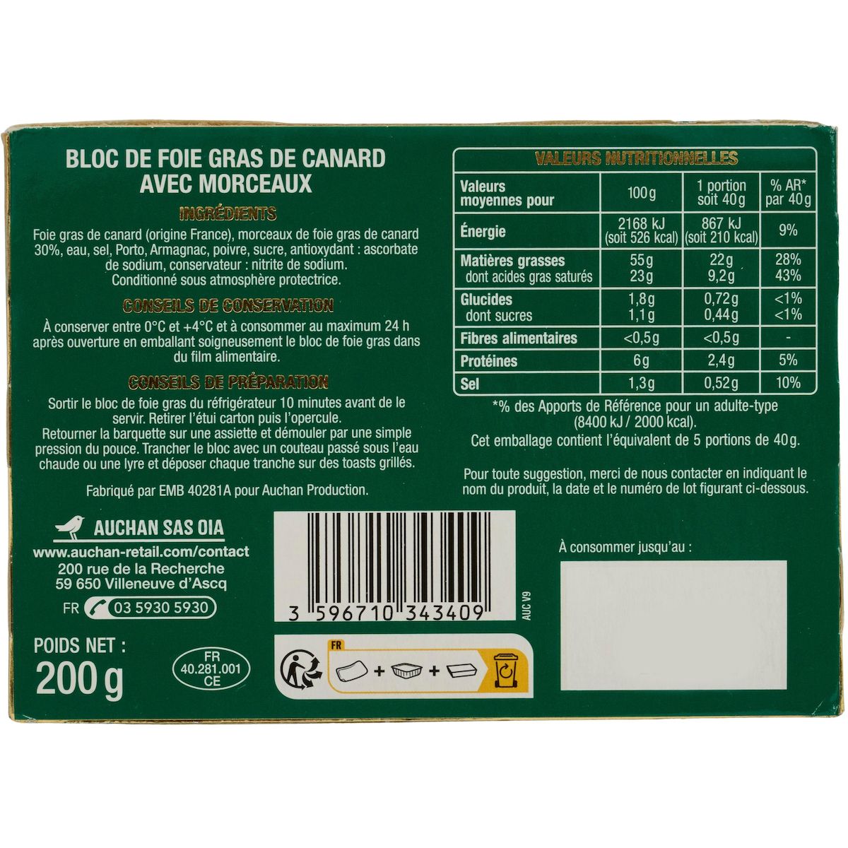 AUCHAN Bloc de foie gras de canard avec morceaux 5 parts 200g