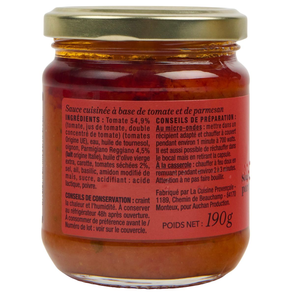 AUCHAN COLLECTION Sauce tomate au parmesan en bocal 190g