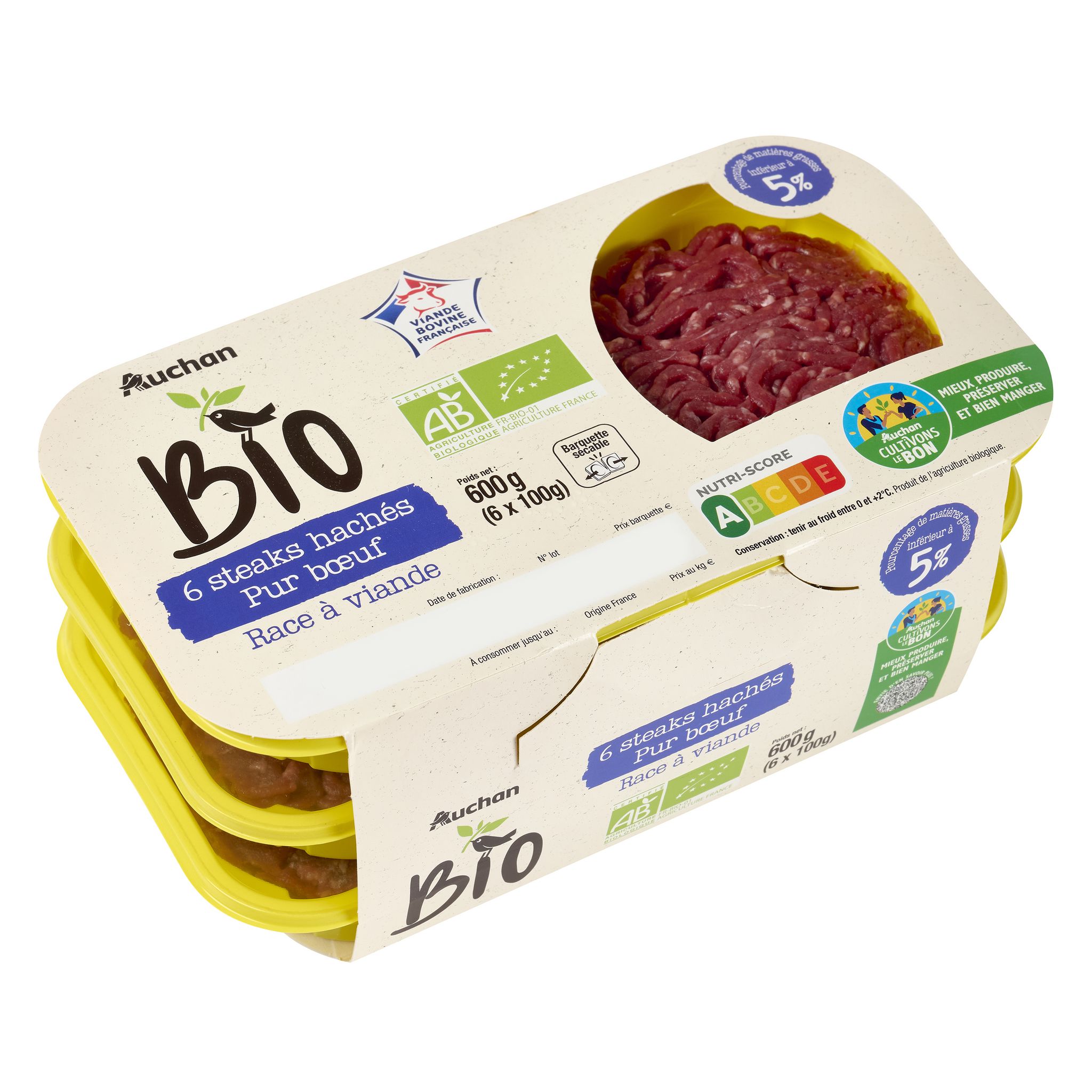 Voir la diapositive 2 : AUCHAN BIO Steaks hachés pur bœuf façon bouchère bio 6 pièces 600g