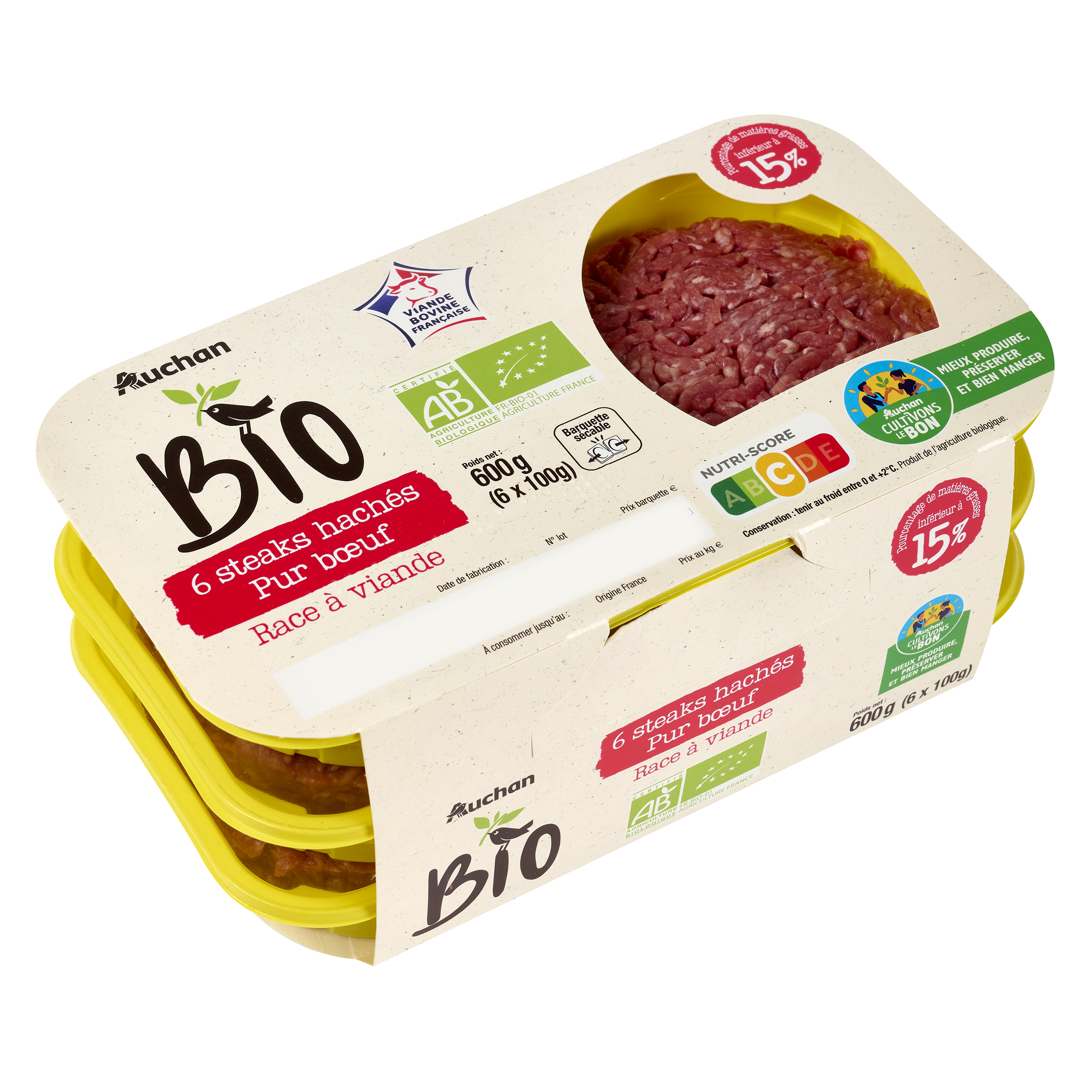Voir la diapositive 2 : AUCHAN BIO Steaks hachés Pur bœuf 15% MG bio 6 pièces 600g