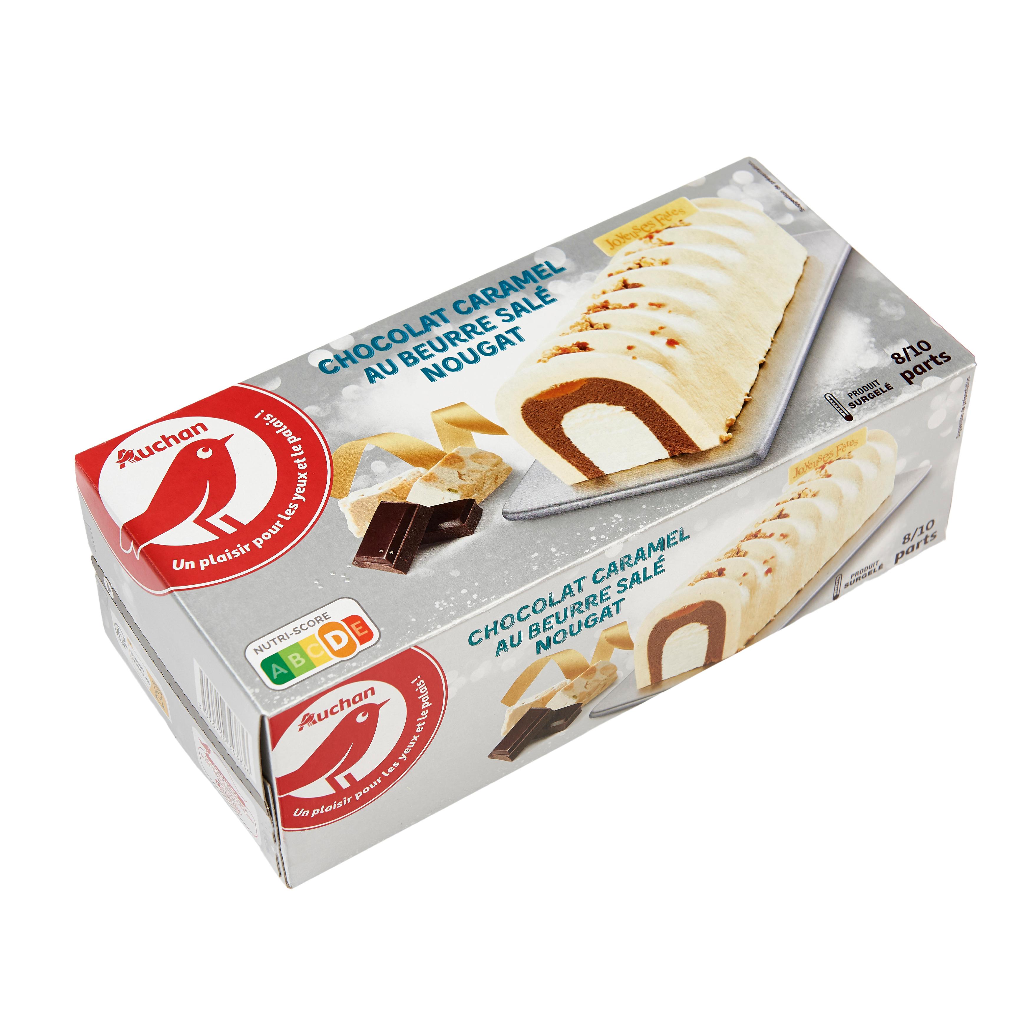 Voir la diapositive 2 : AUCHAN Bûche glacée au chocolat nougat et caramel au beurre salé 8-10 parts 545g