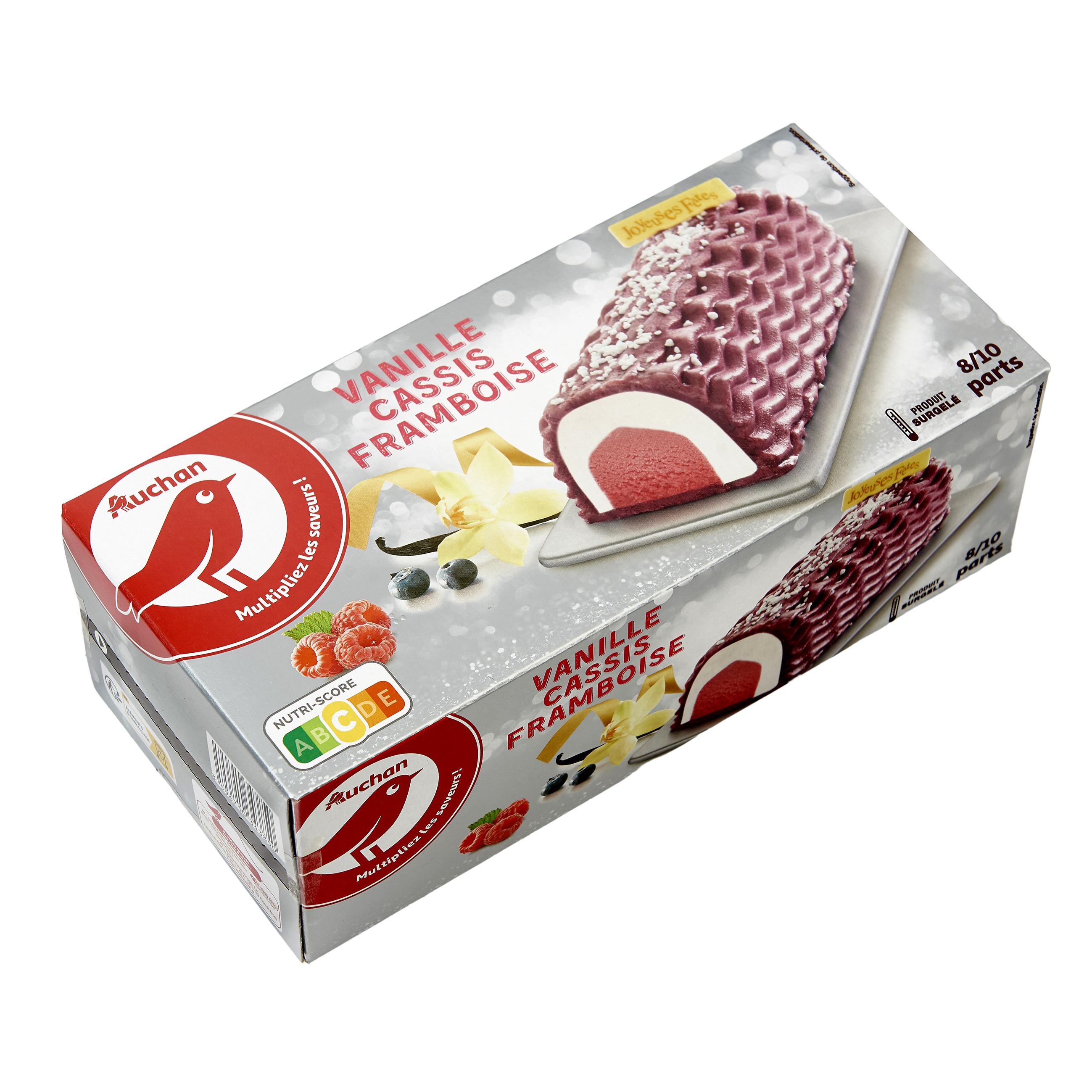 Voir la diapositive 2 : AUCHAN Bûche glacée à la vanille cassis framboise 8-10 parts 538g