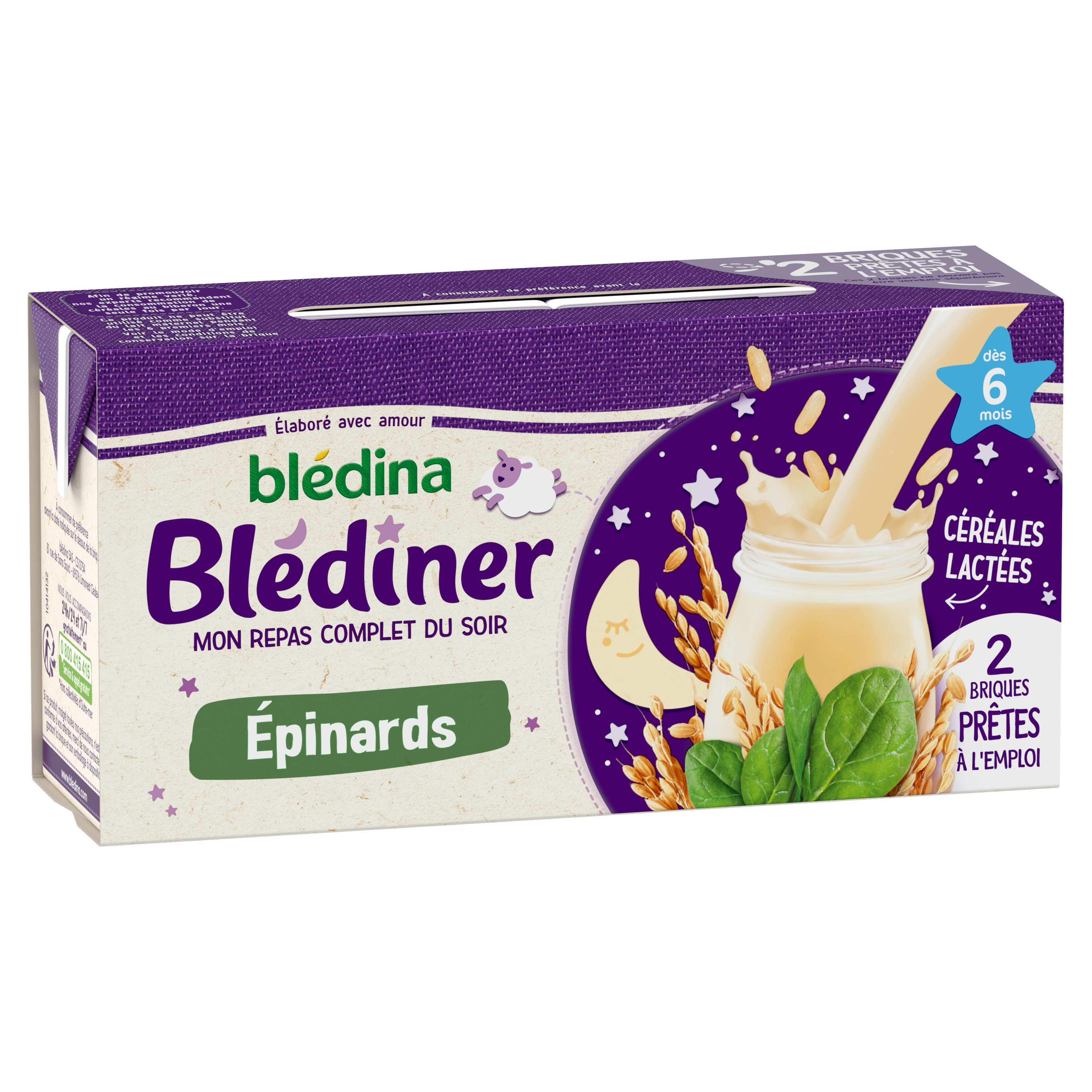 Voir la diapositive 2 : BLEDINER Brique céréales lactées aux épinards dès 6 mois 2x250ml