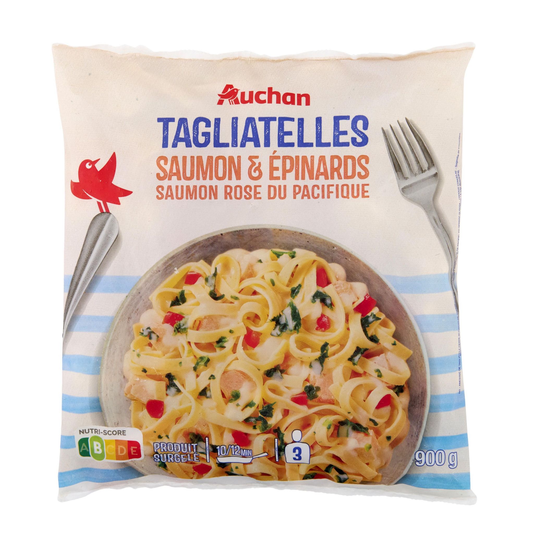 Voir la diapositive 2 : AUCHAN Tagliatelles au saumon et aux épinards 3 portions 900g
