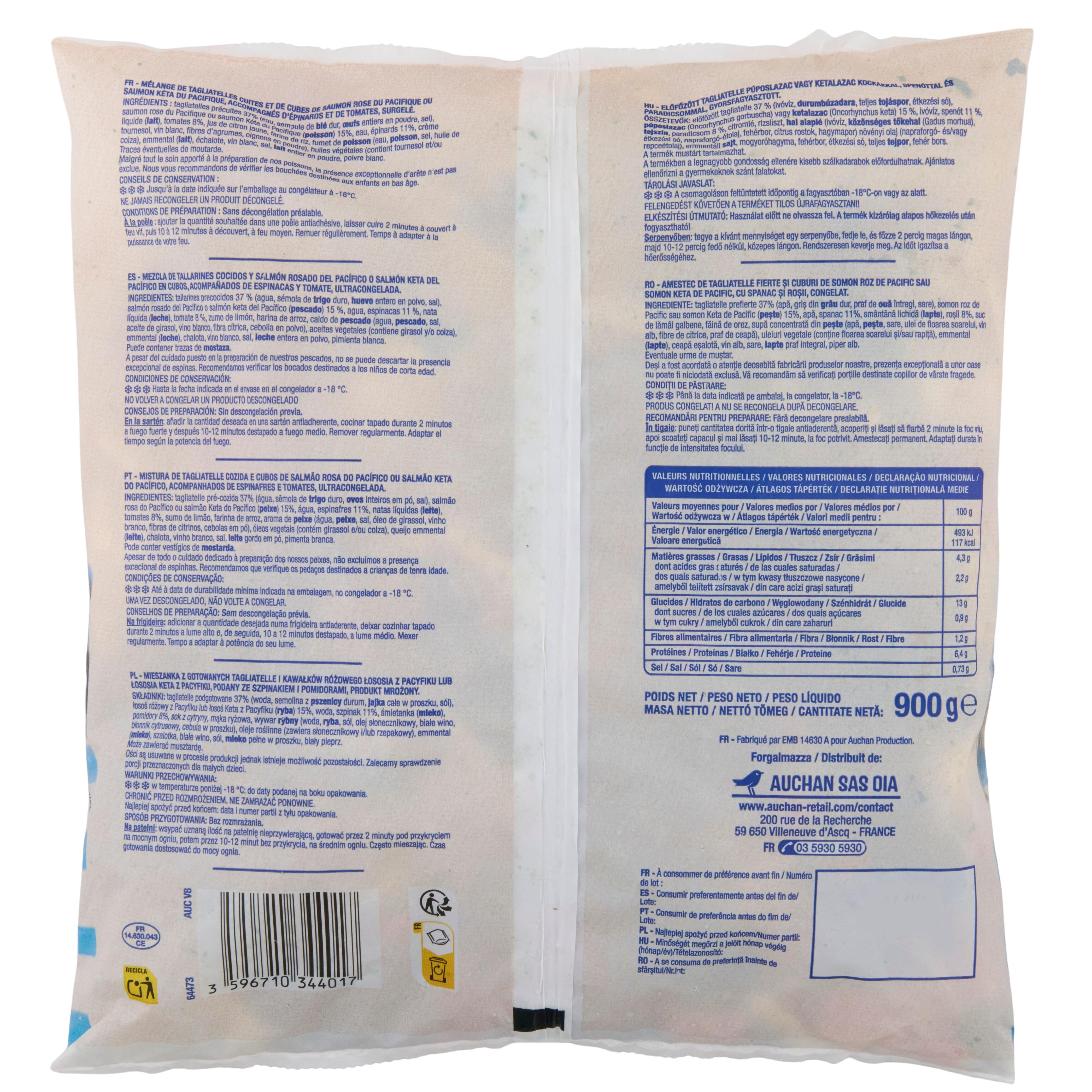 Voir la diapositive 3 : AUCHAN Tagliatelles au saumon et aux épinards 3 portions 900g