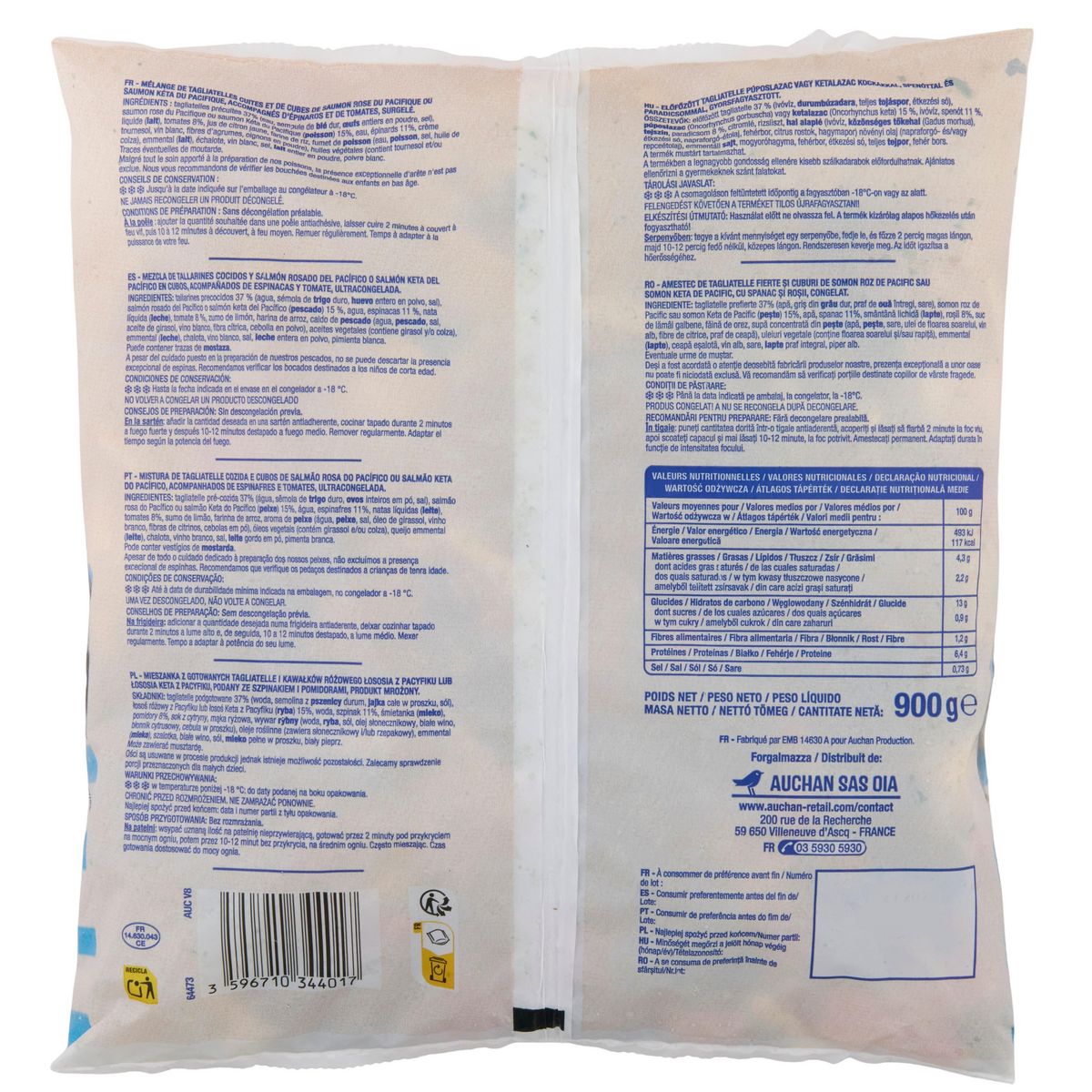 AUCHAN Tagliatelles au saumon et aux épinards 3 portions 900g