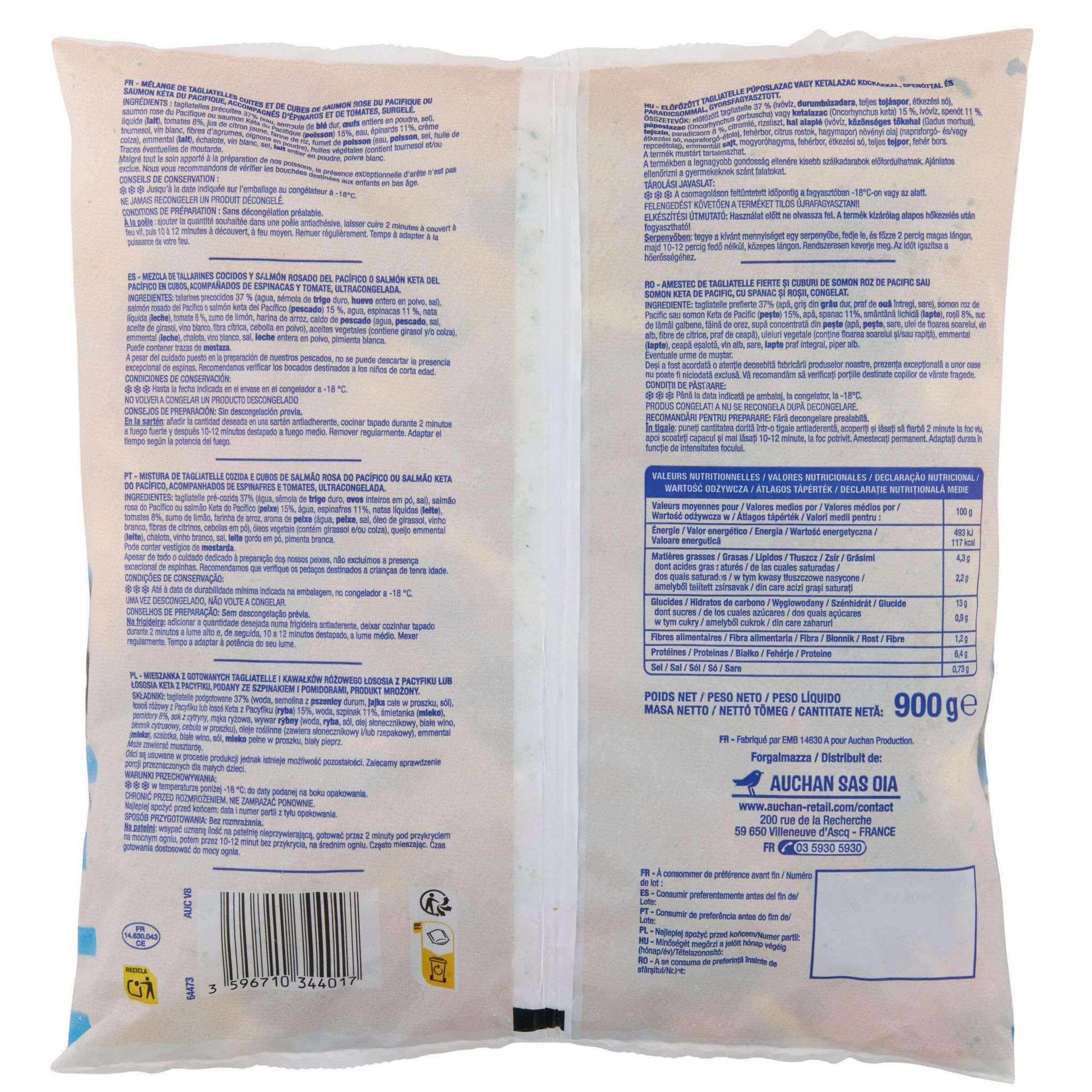 Voir la diapositive 3 : AUCHAN Tagliatelles au saumon et aux épinards 3 portions 900g