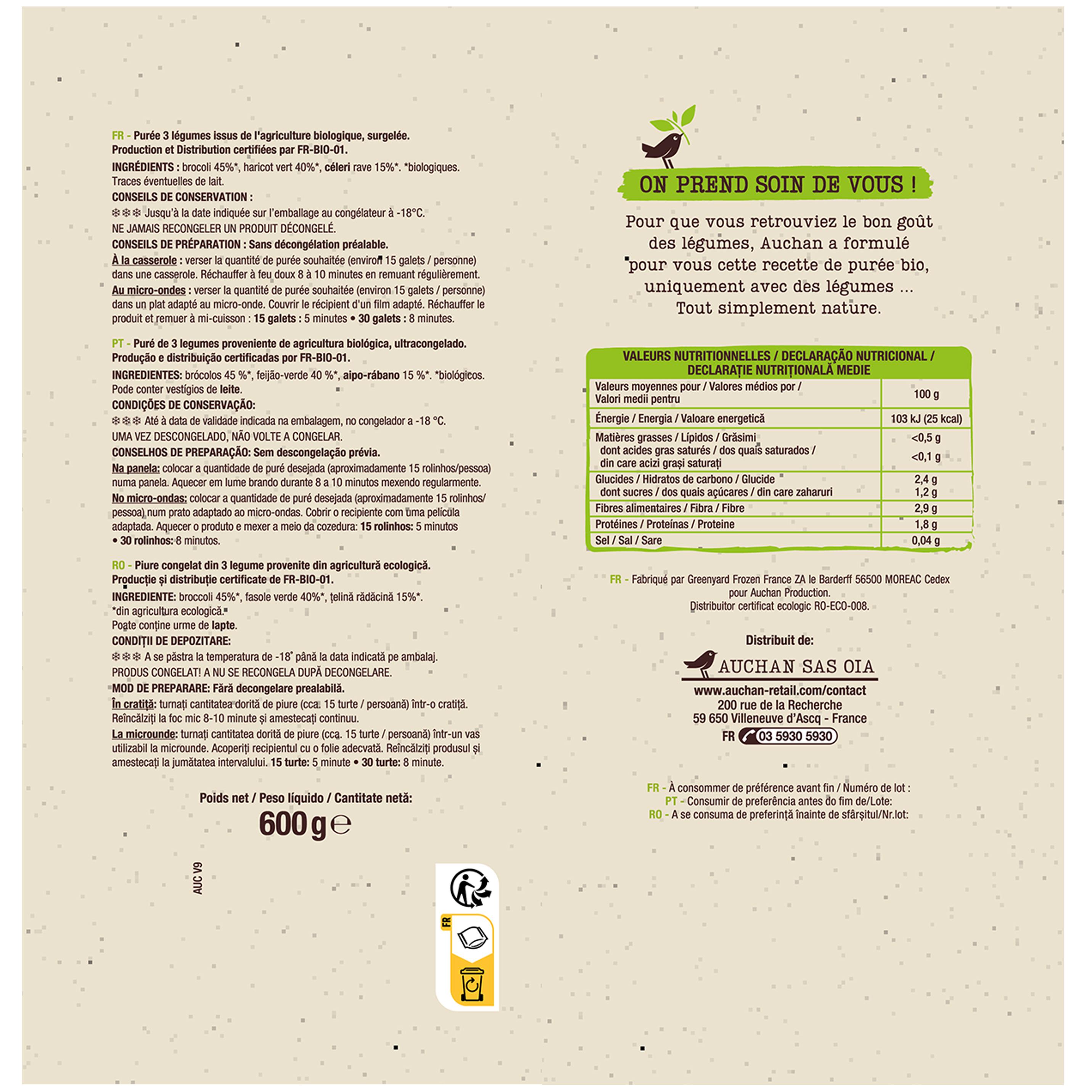 Voir la diapositive 2 : AUCHAN BIO Purée de 3 légumes 3 portions 600g