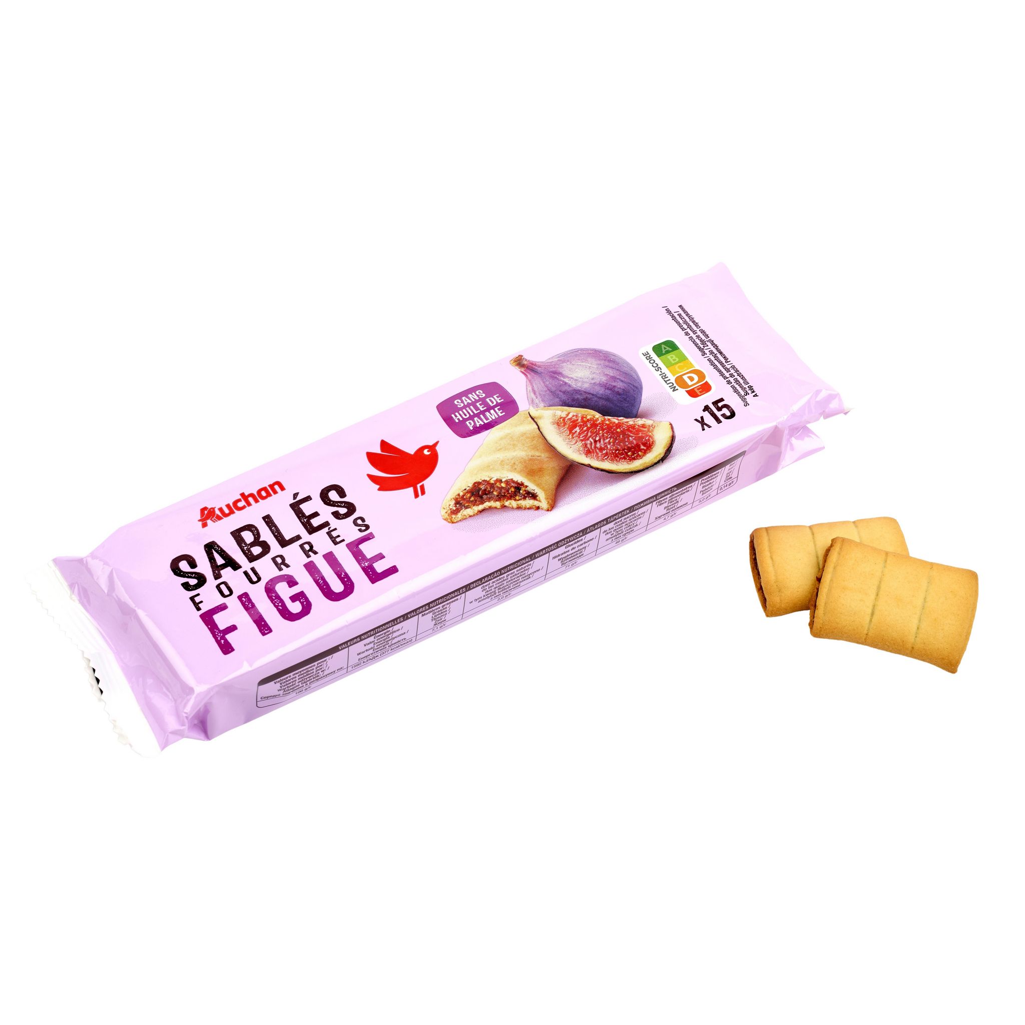 Voir la diapositive 3 : AUCHAN Biscuits sablés fourrés aux figues sans huile de palme 15 biscuits 165g
